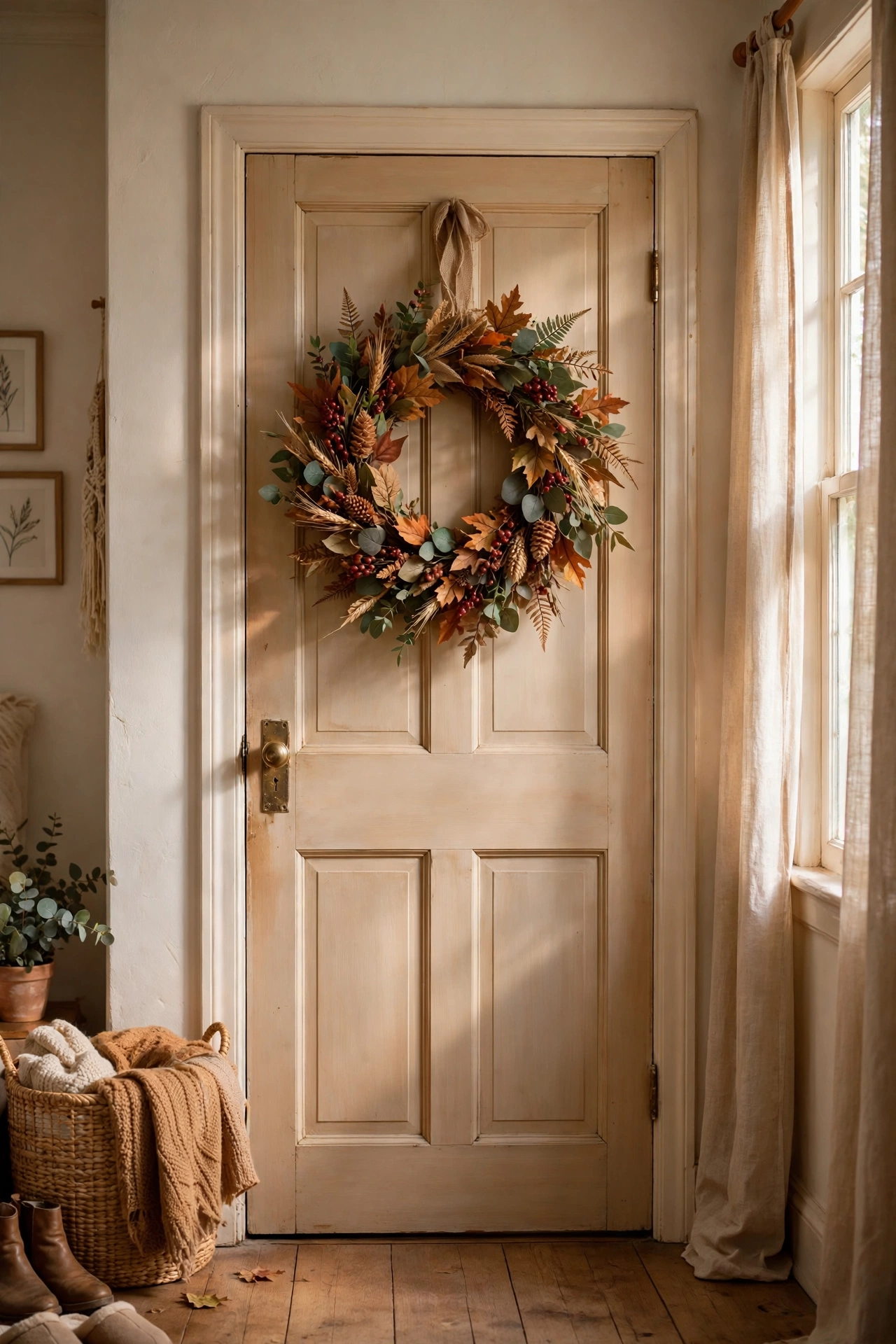 Fall wreath of leaves and berries on a bedroom door