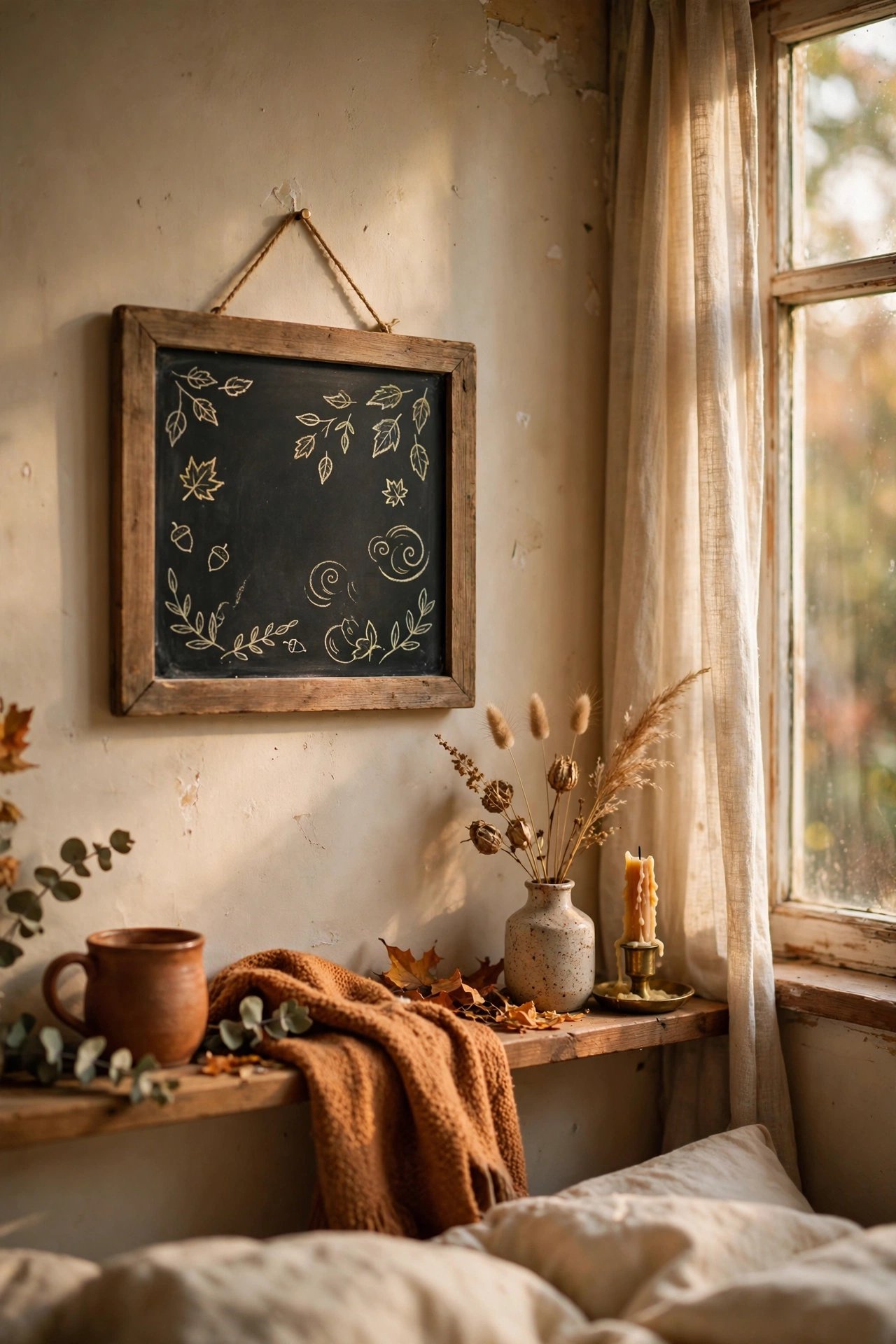 Small framed chalkboard with a handwritten fall quote on a bedroom wall