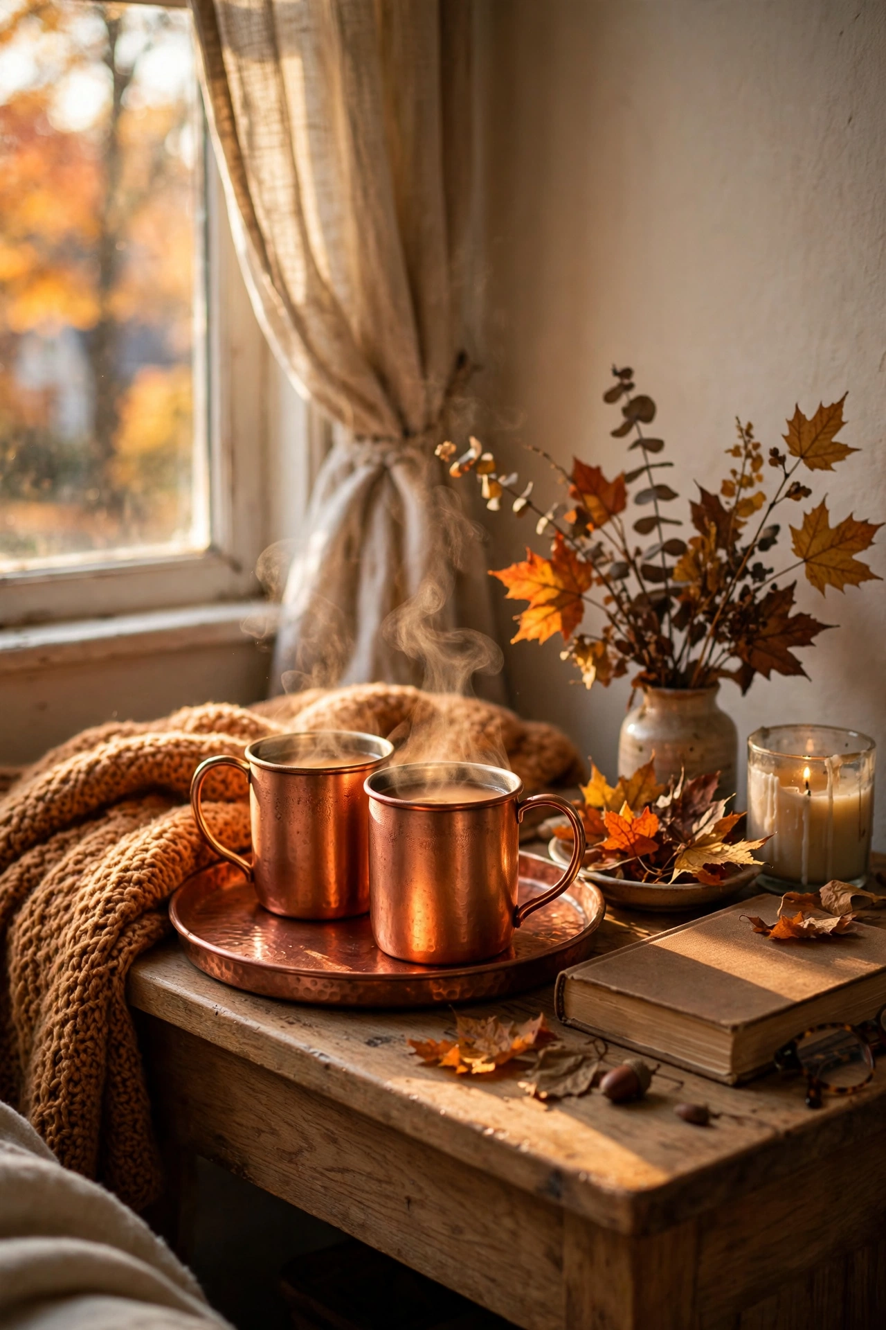 Copper tray and mugs styled on a fall bedroom nightstand