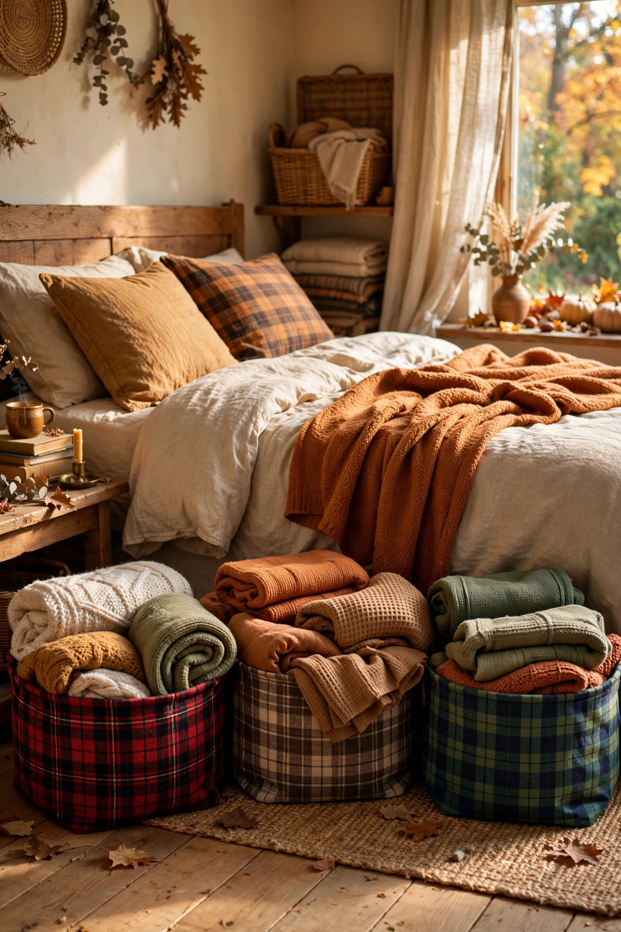 Plaid fabric storage baskets holding throws in a fall bedroom