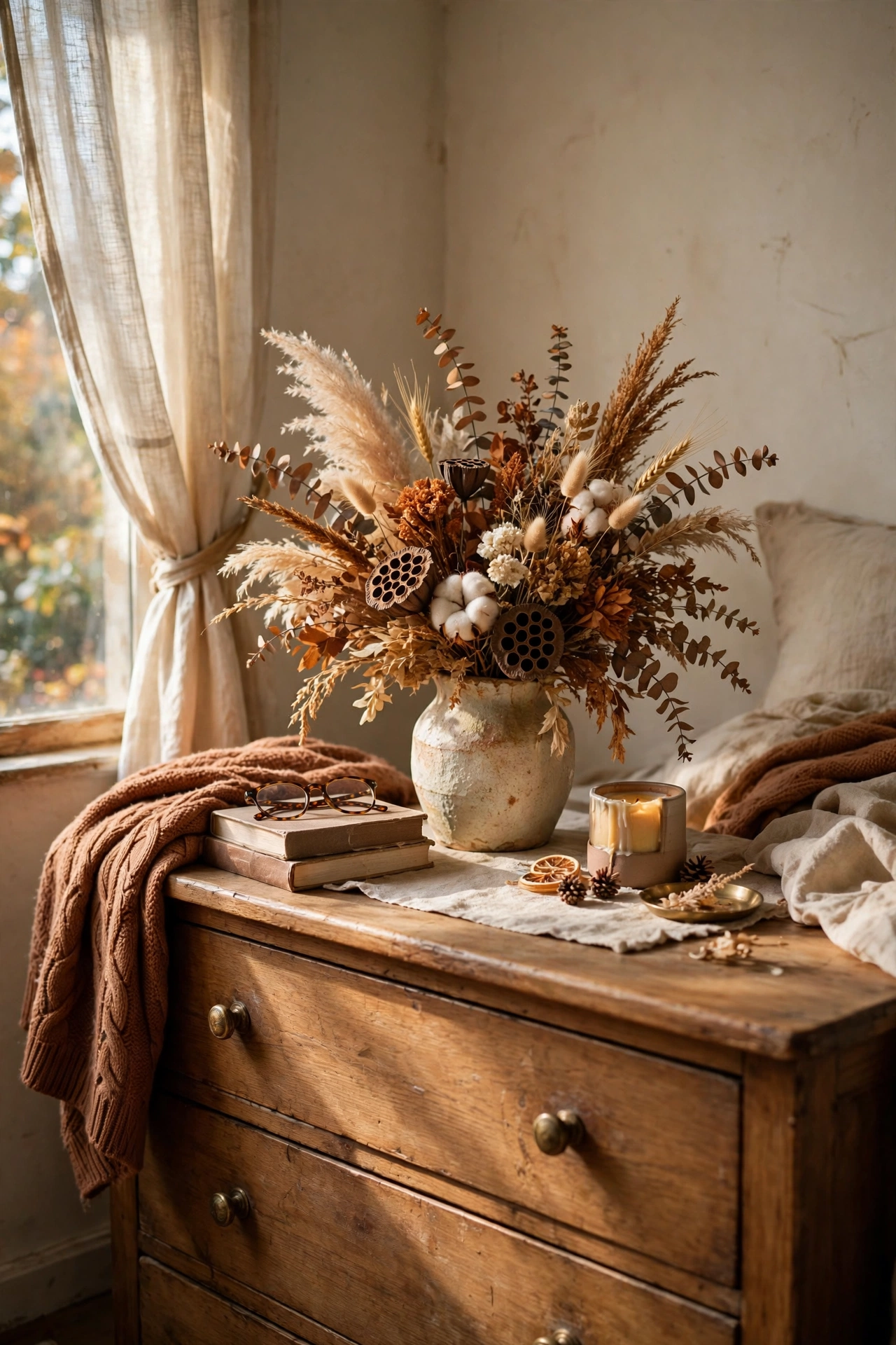 Dried flower arrangement in rusts and creams on a fall bedroom dresser