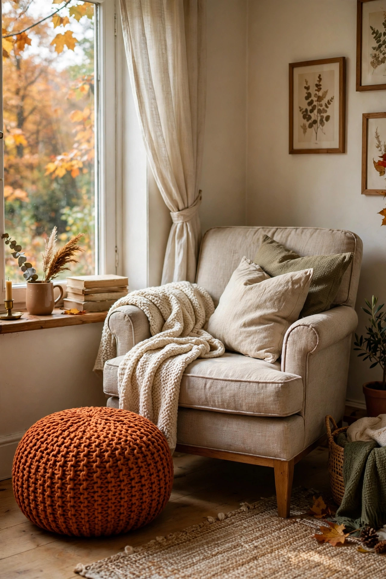 Burnt orange knit pouf beside a reading chair in a fall bedroom