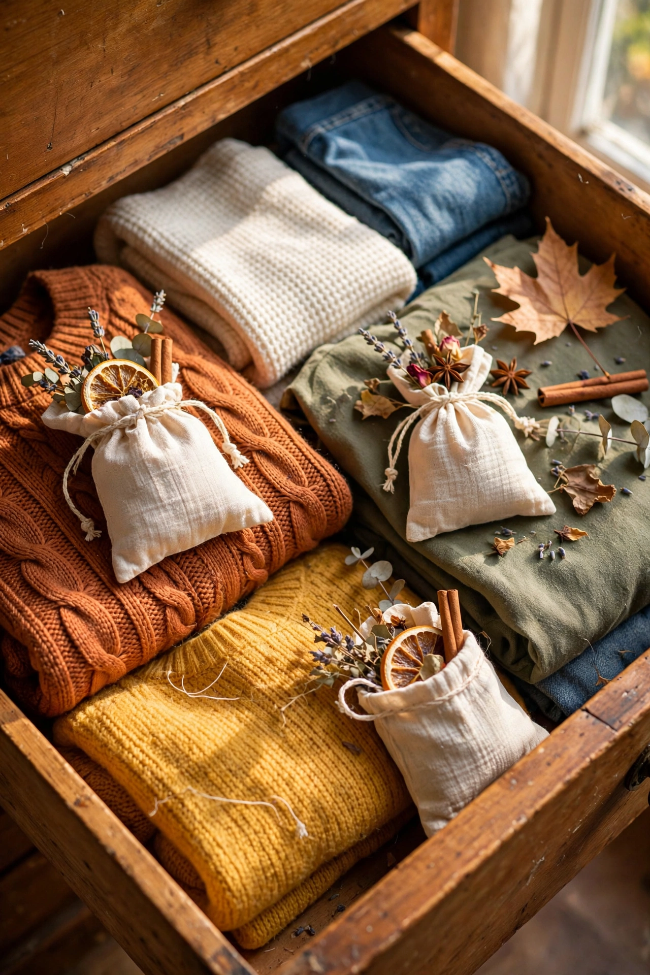 Handmade muslin sachets with dried lavender and cloves in a dresser drawer