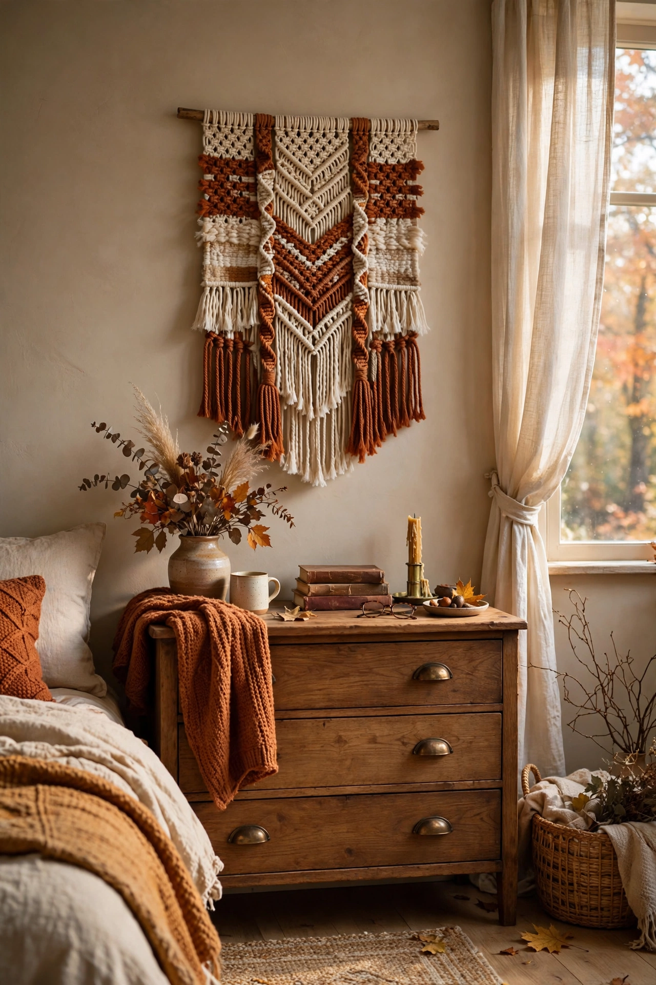 Woven macrame wall hanging in rust and cream over a fall bedroom dresser
