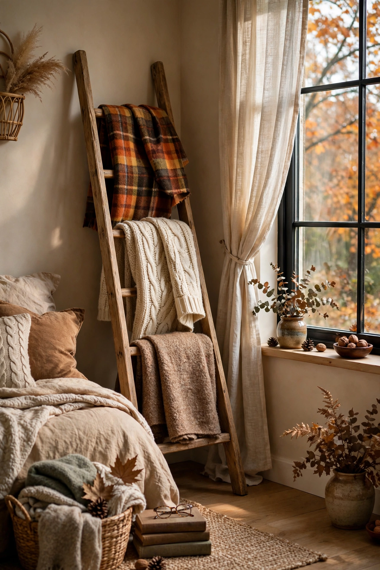 Wooden blanket ladder displaying fall throws in a bedroom corner