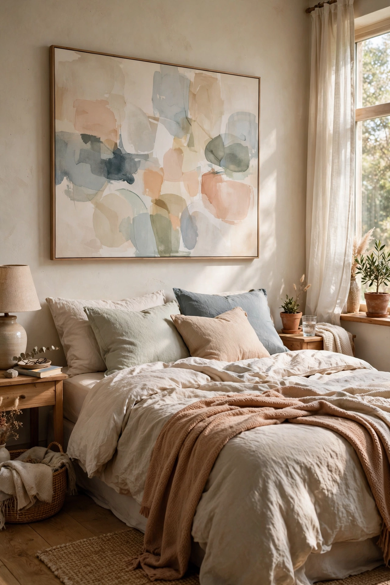 Oversized abstract canvas in bedroom colors hung above the bed