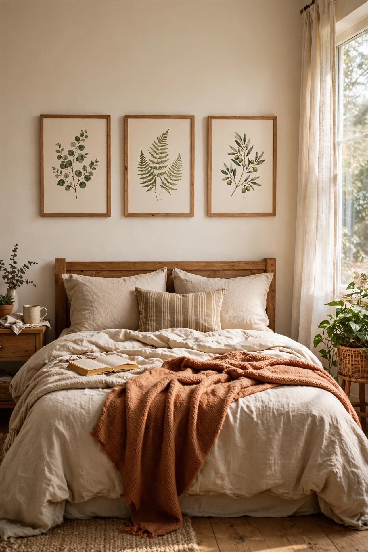 Triptych of three matching botanical prints framed above the bed