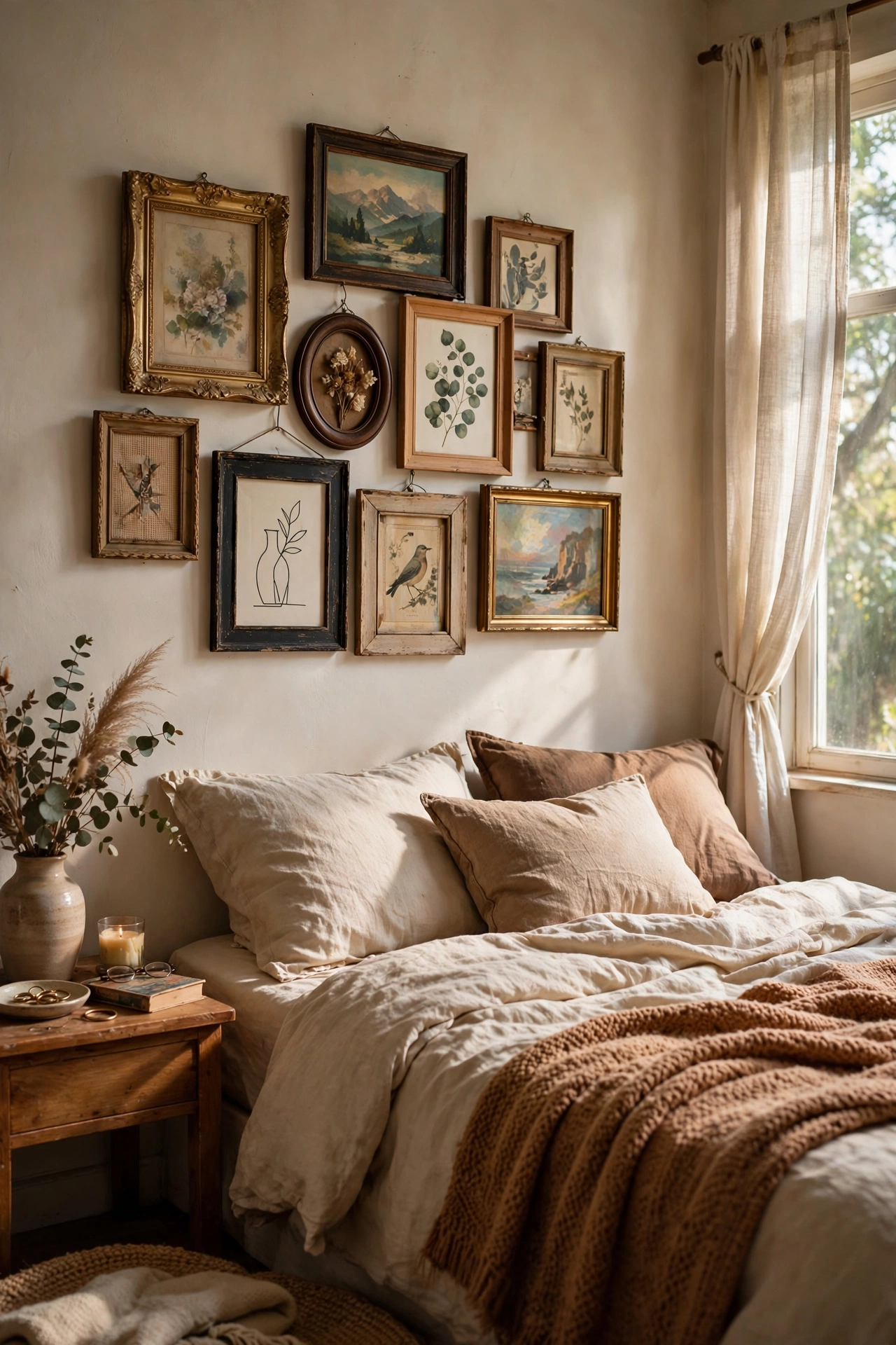 Tight gallery wall cluster of mixed frames above the bed