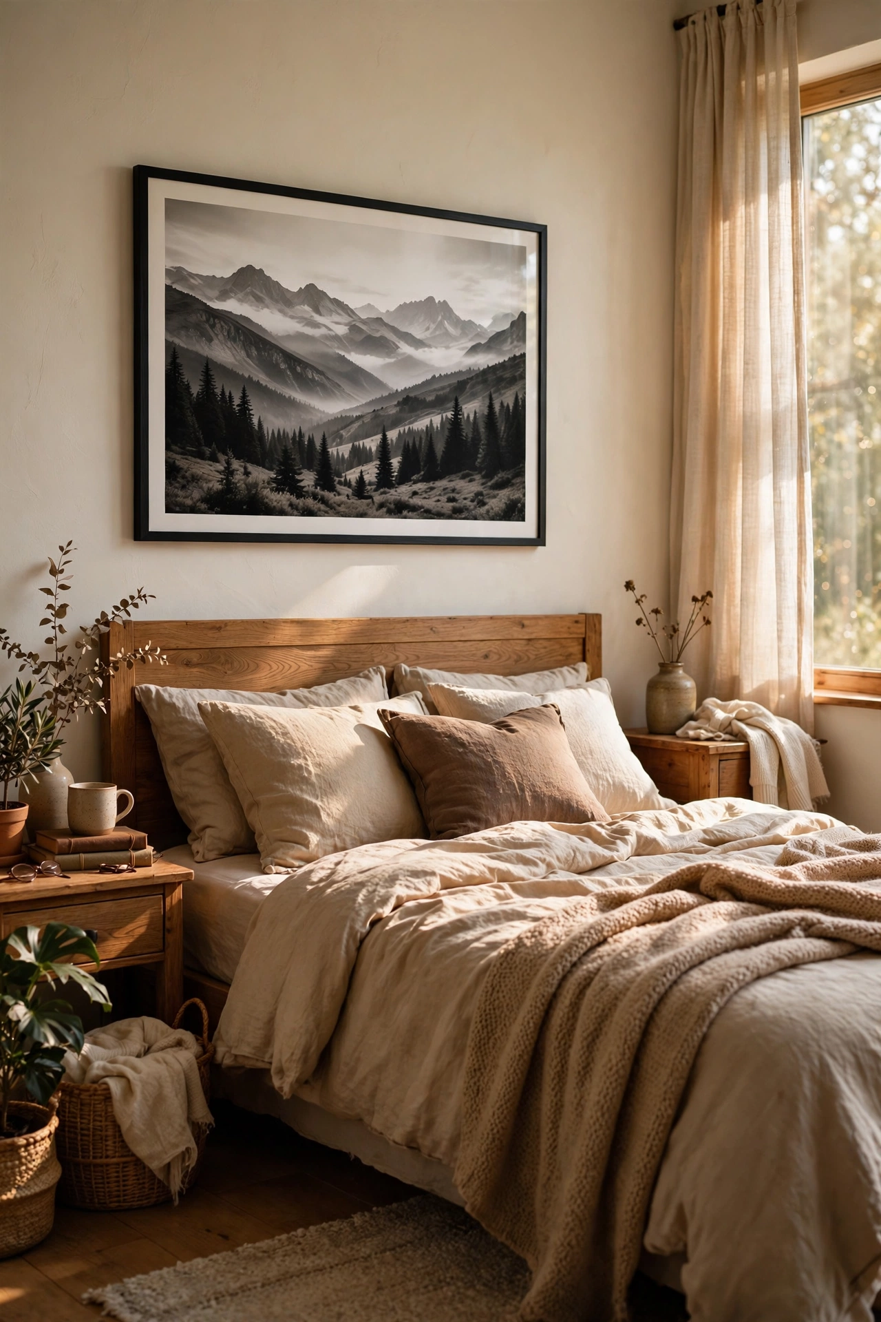 Large black and white landscape photo framed above the bed