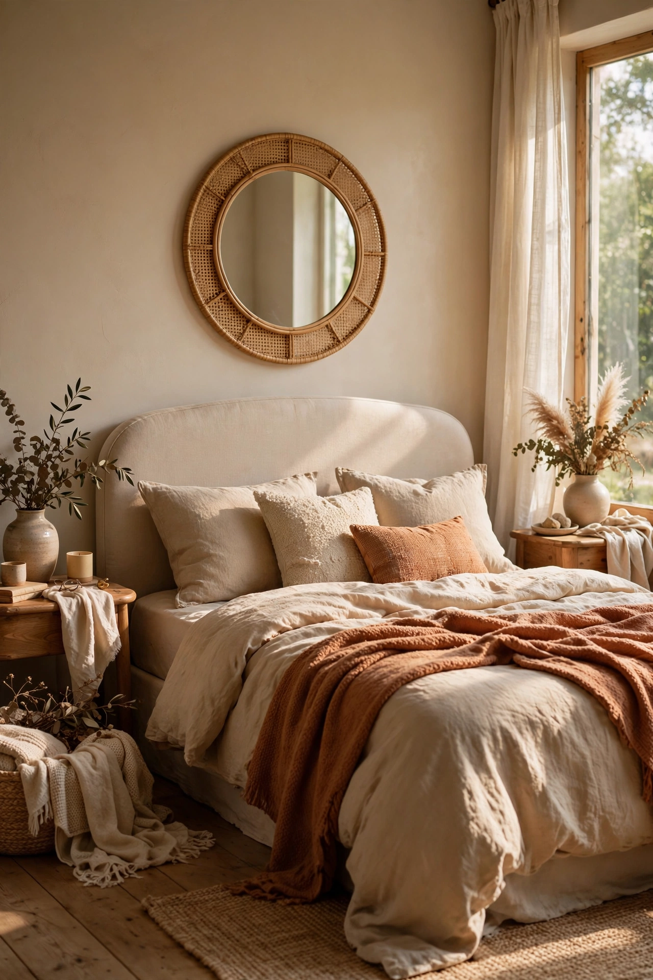Round mirror centered above the headboard reflecting light