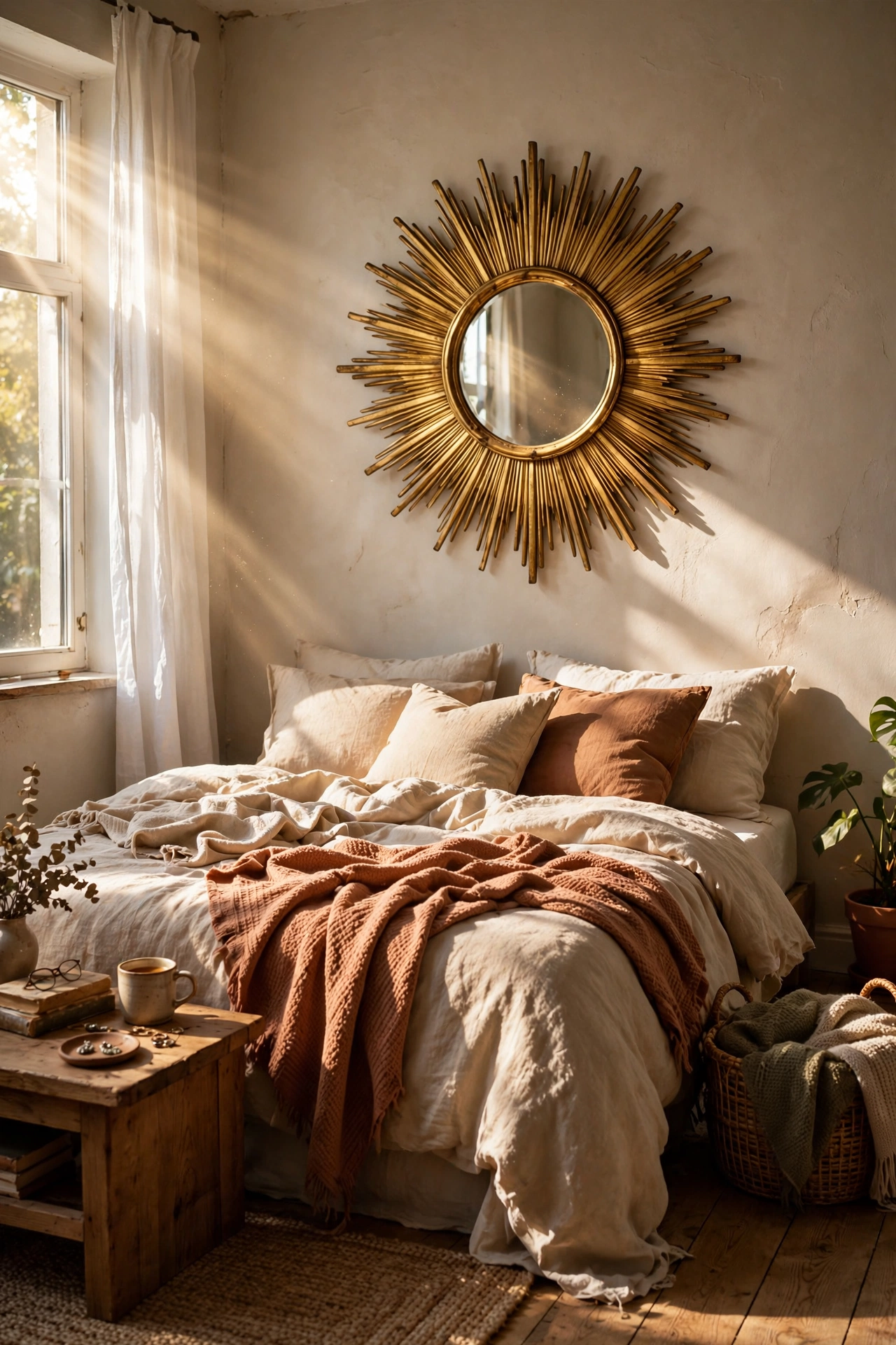 Gold sunburst mirror centered above the bed catching light