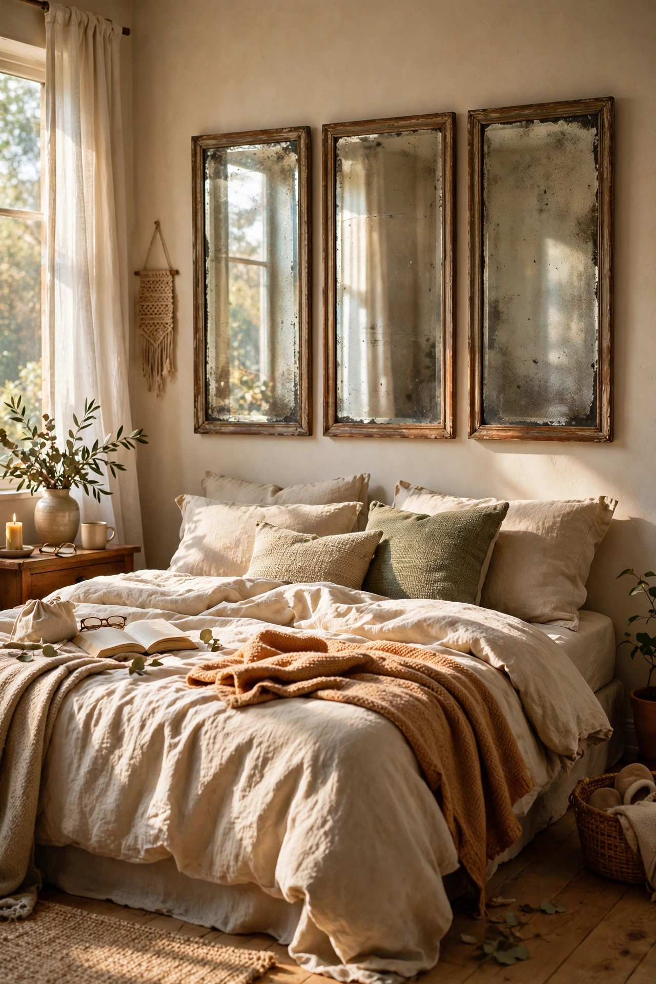Three antiqued mirror panels hung in a row above the bed