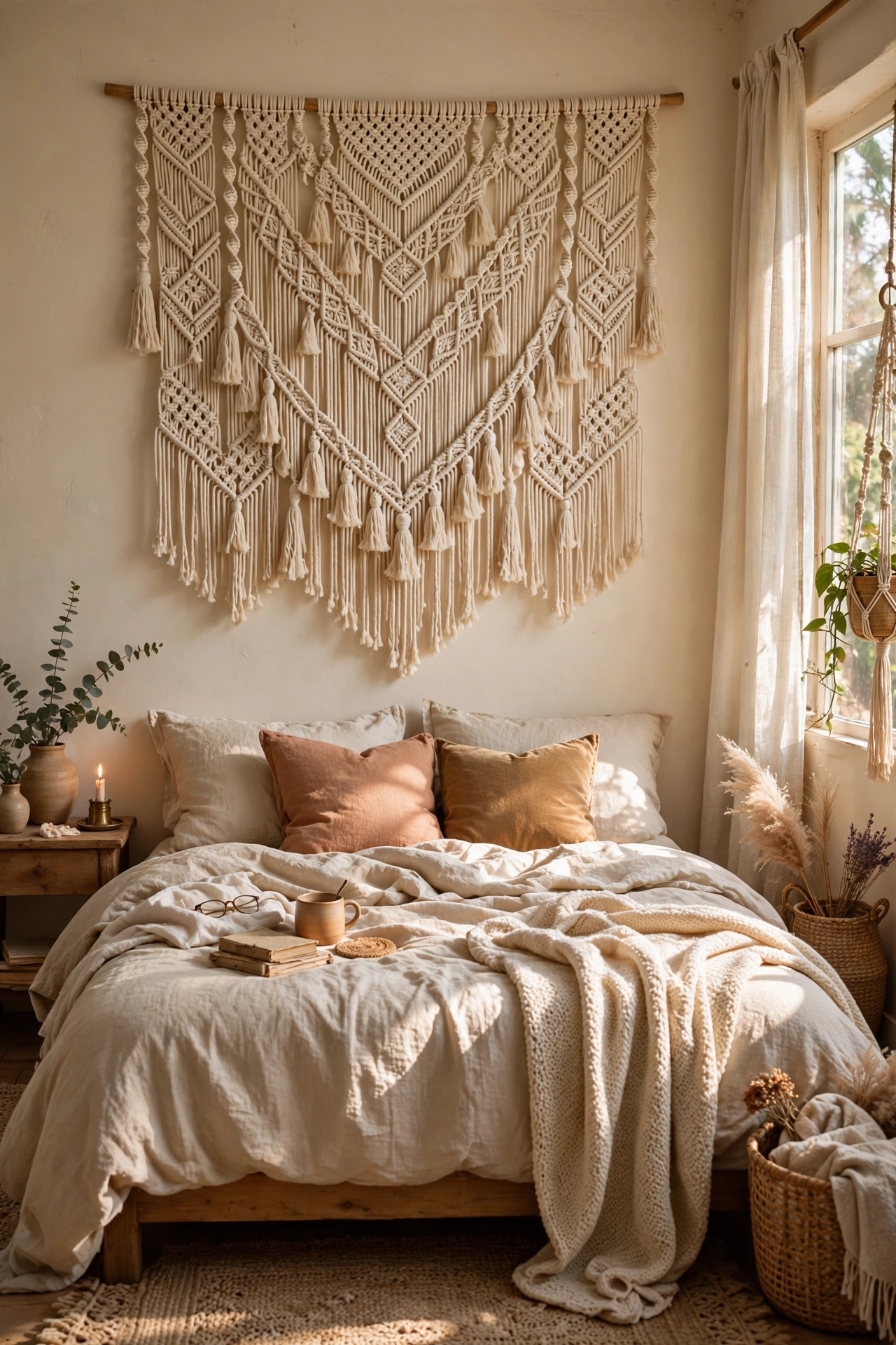 Large cream macrame wall hanging above the bed