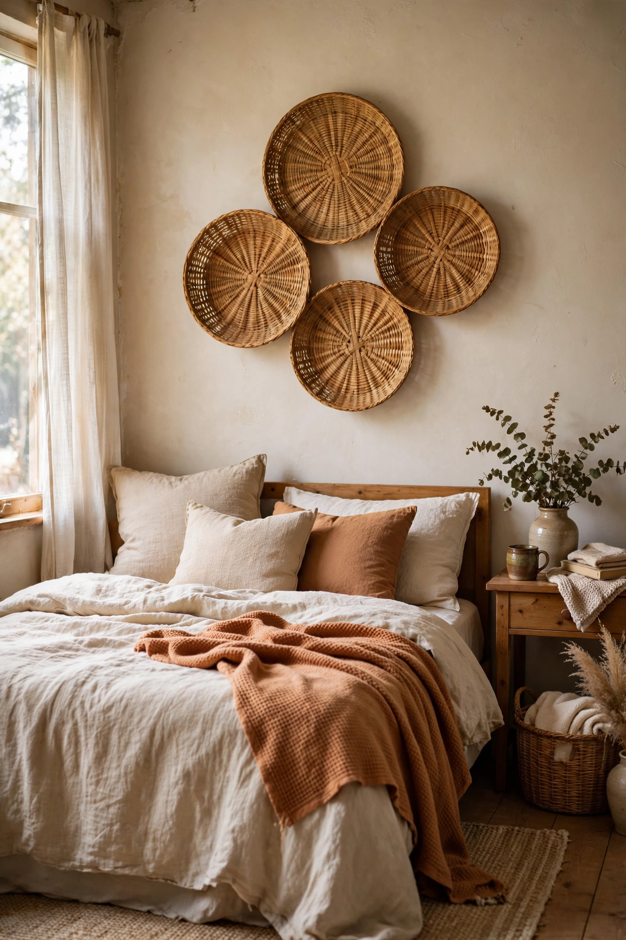Cluster of flat woven baskets hung as wall art above the bed