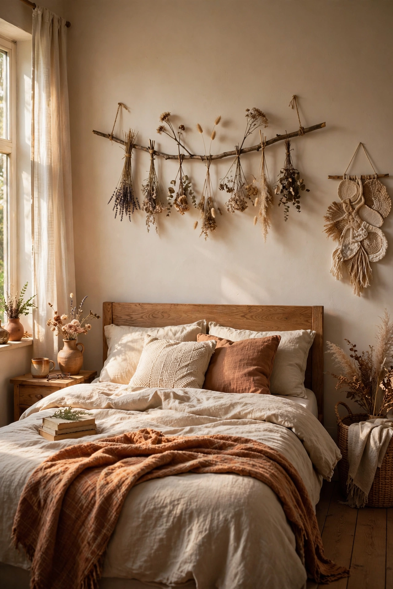 Dried flower stems wired to a branch mounted above the bed