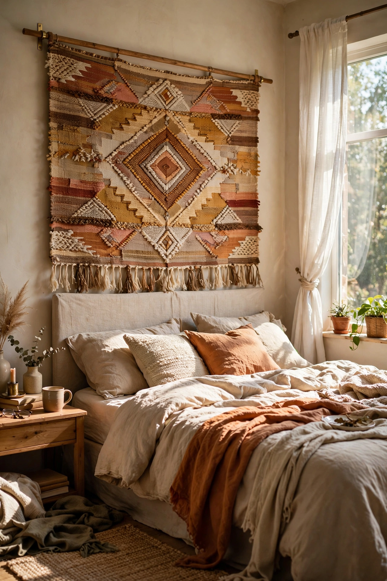 Woven tapestry hung on a rod above the bed as a soft extension