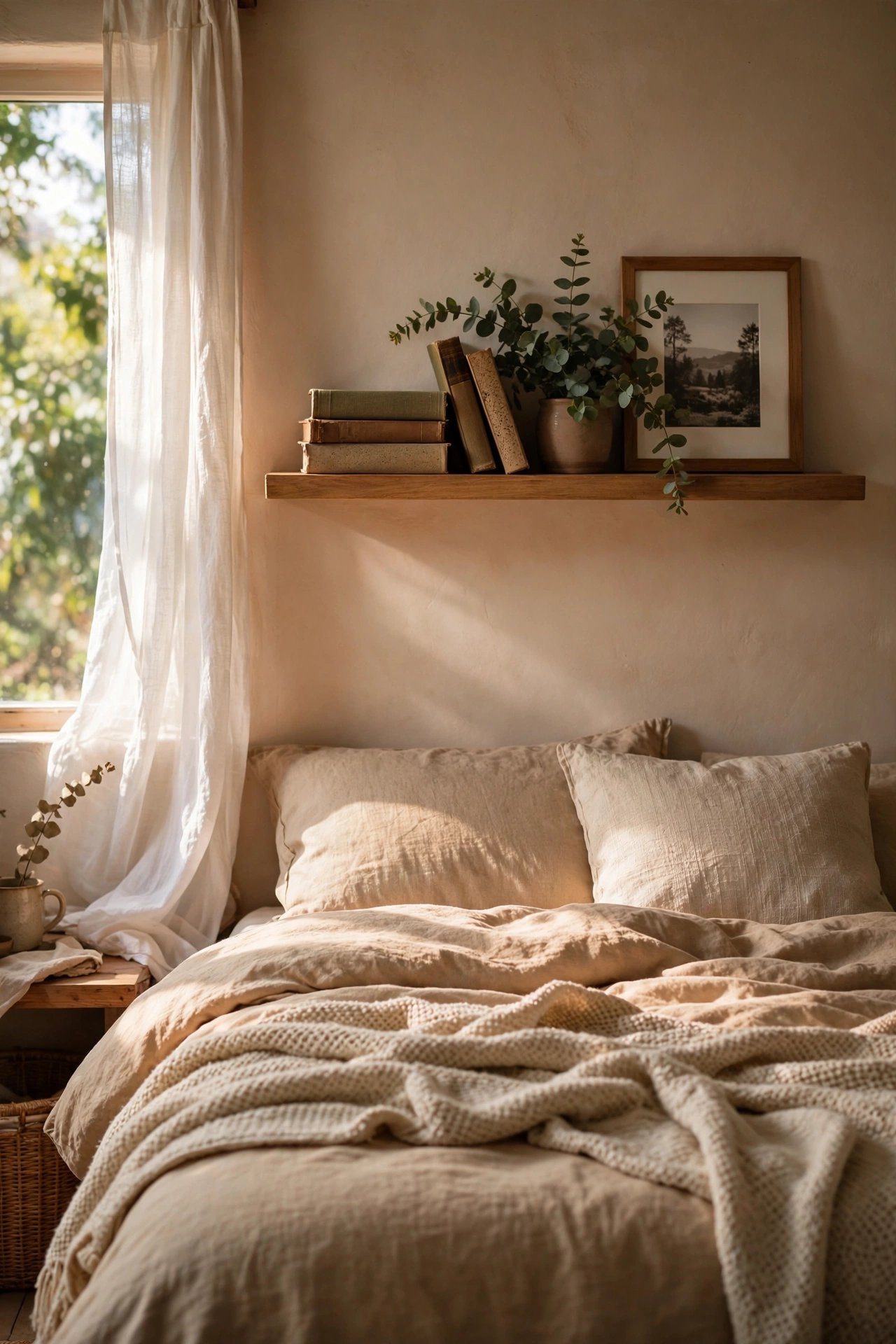 Floating wood shelf styled with books and plant above the bed