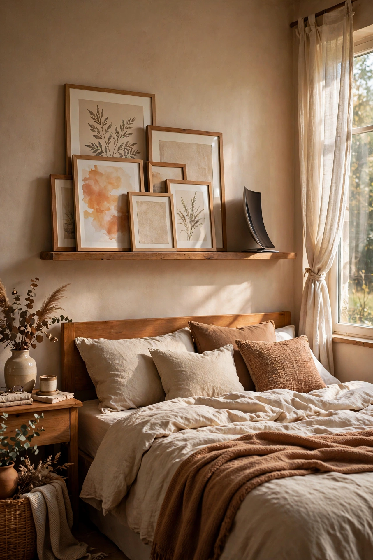 Picture ledge with layered art frames above the bed
