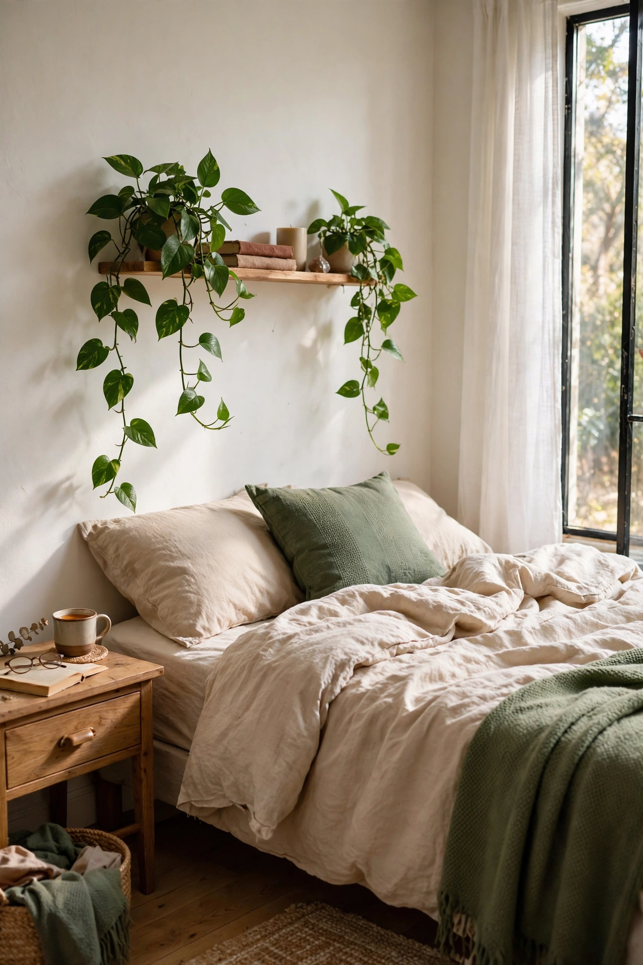 Small bracket shelf with a trailing pothos plant above the bed