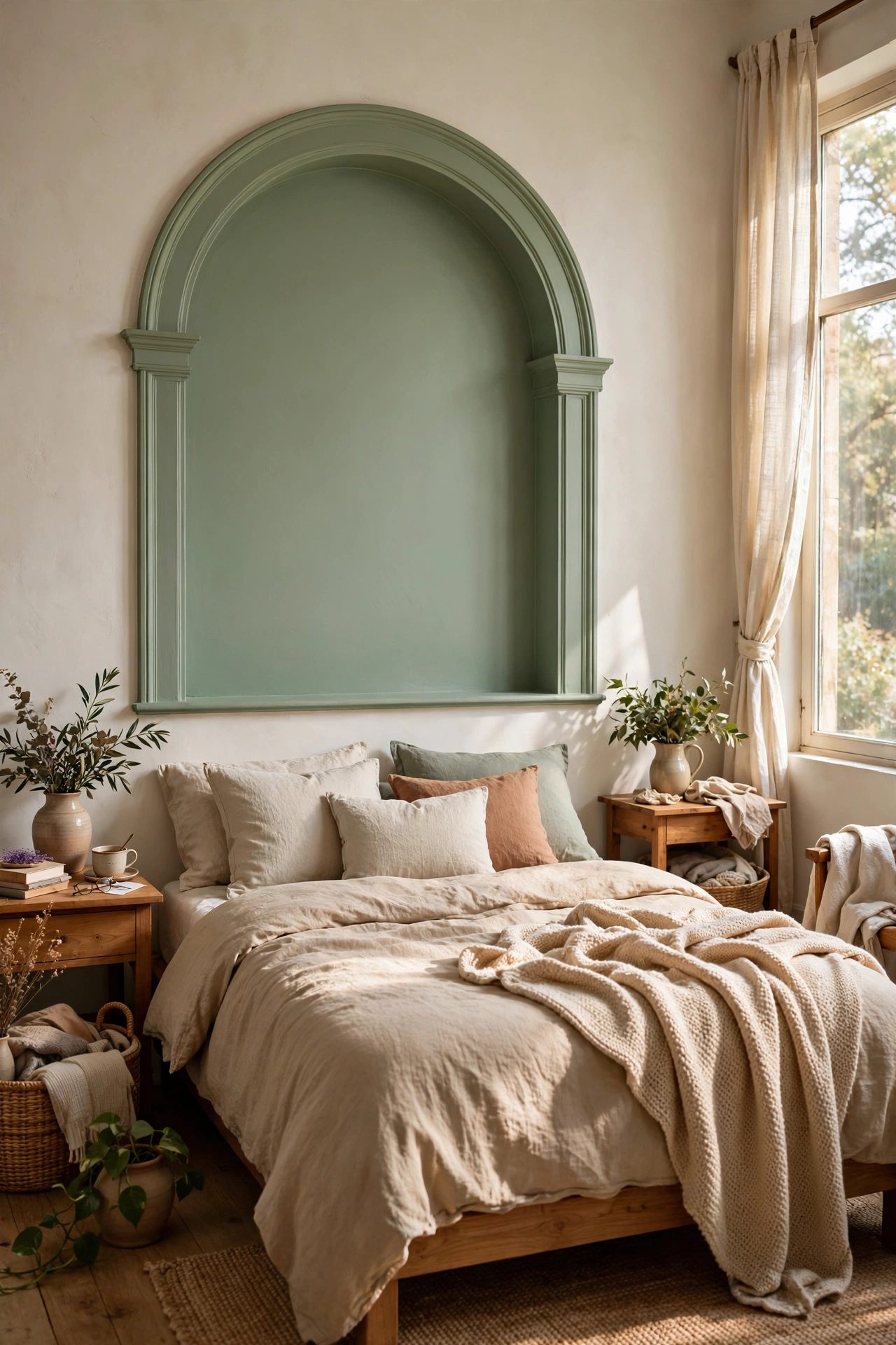Sage painted arch on the wall framing the bed above the headboard