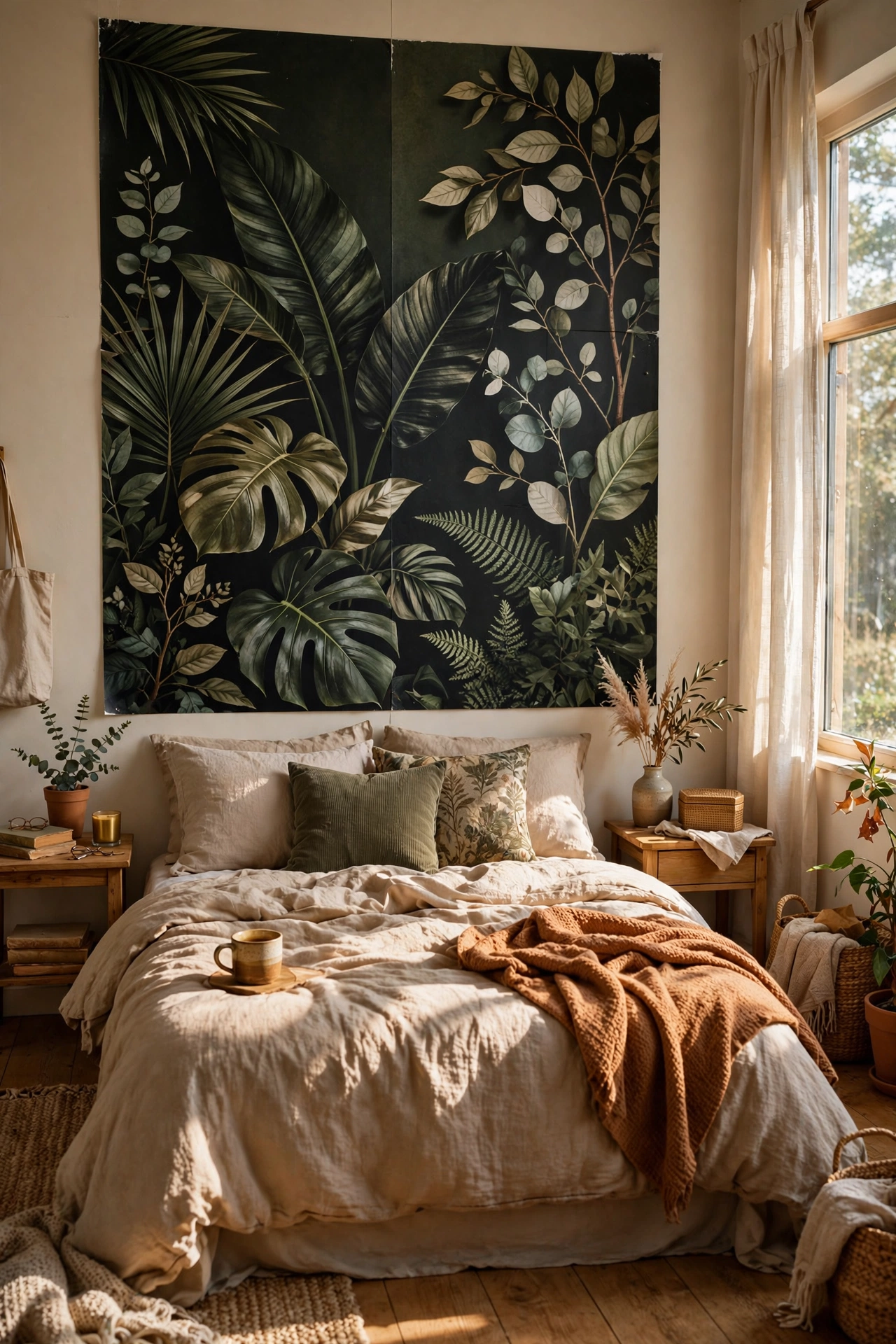 Peel-and-stick botanical mural panel applied above the bed