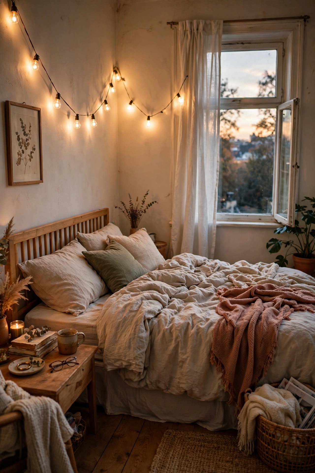 Warm string lights swagged in a canopy pattern above the bed
