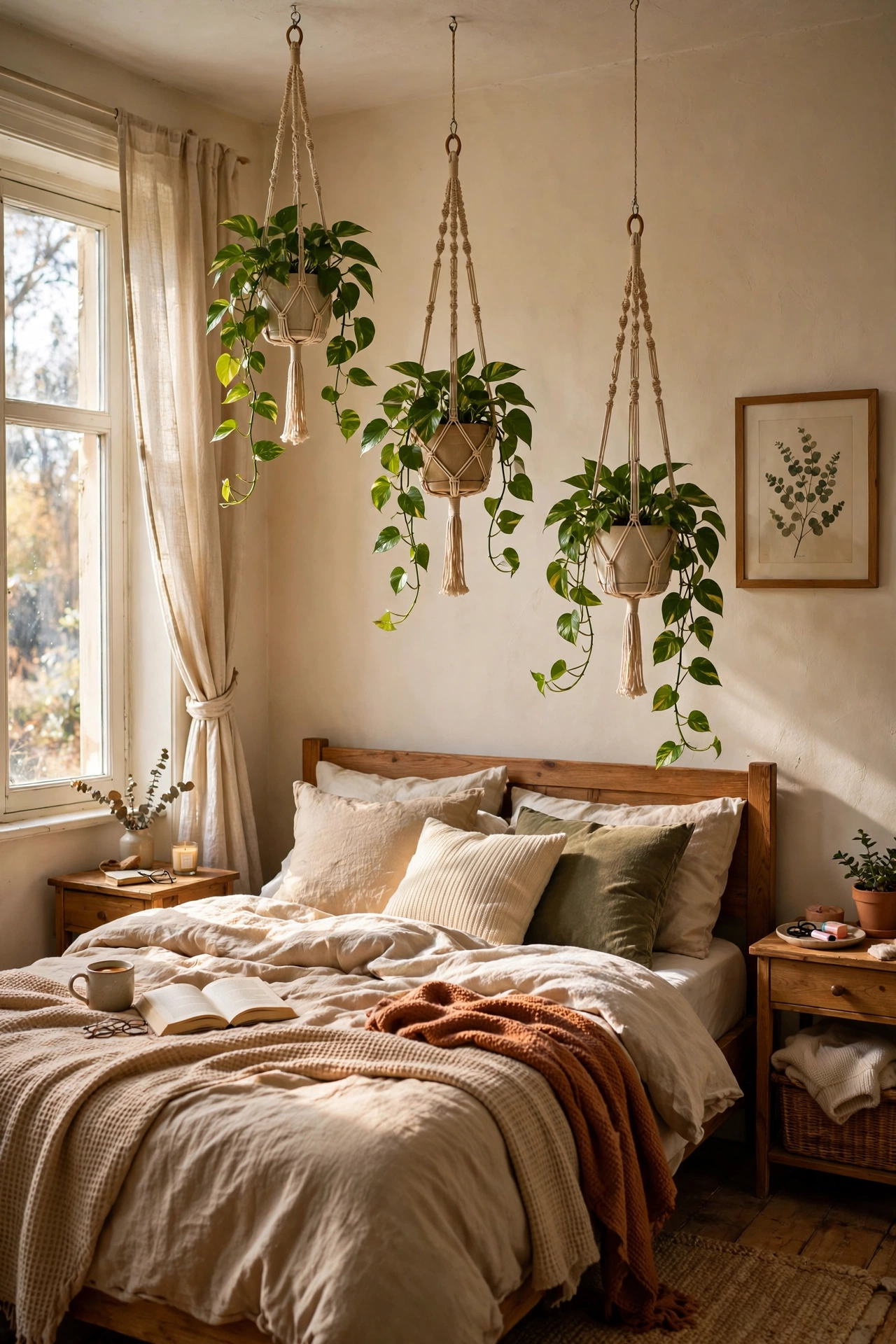 Three hanging pothos plants in macrame holders above the bed
