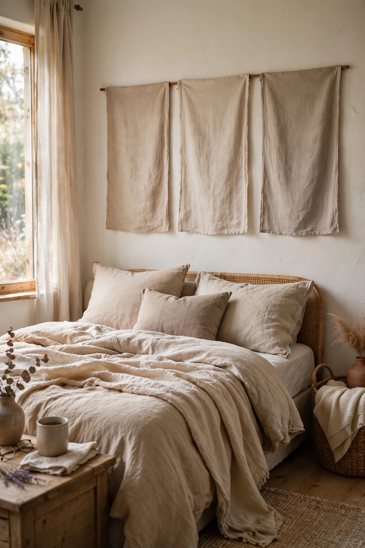 Three linen fabric panels stretched over frames above the bed