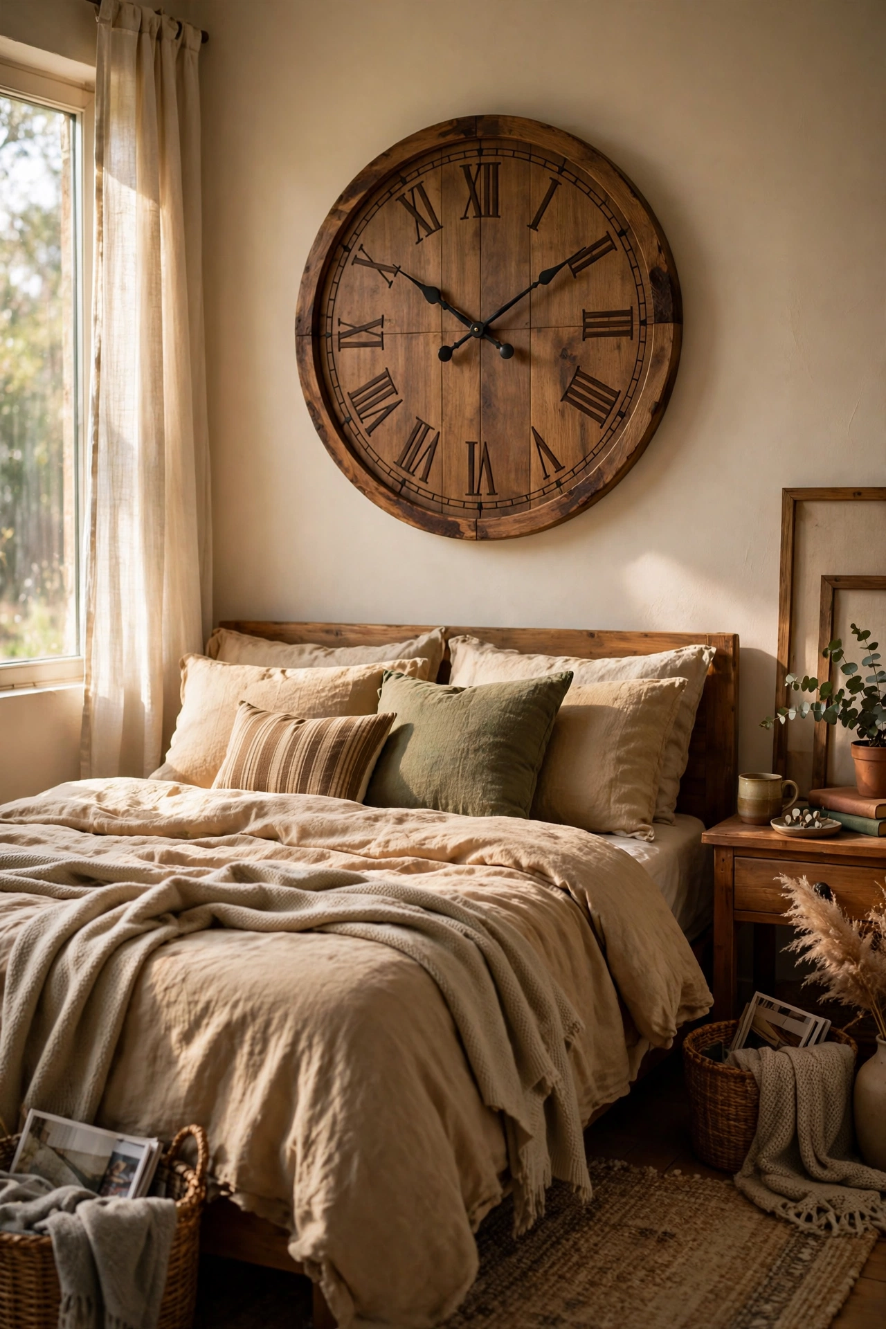 Large 24-inch wood clock centered above the bed