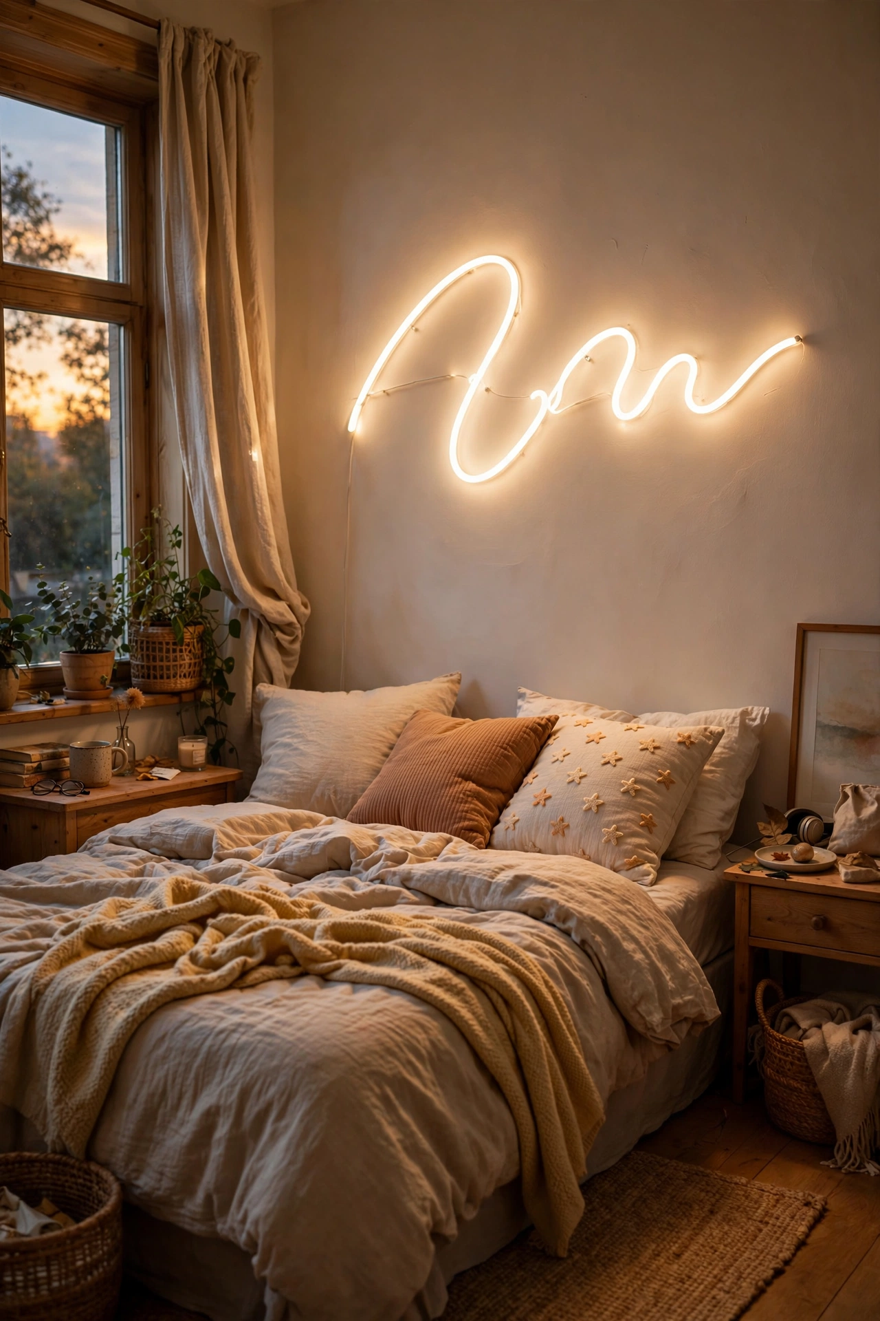 Warm white LED script word sign glowing above the bed