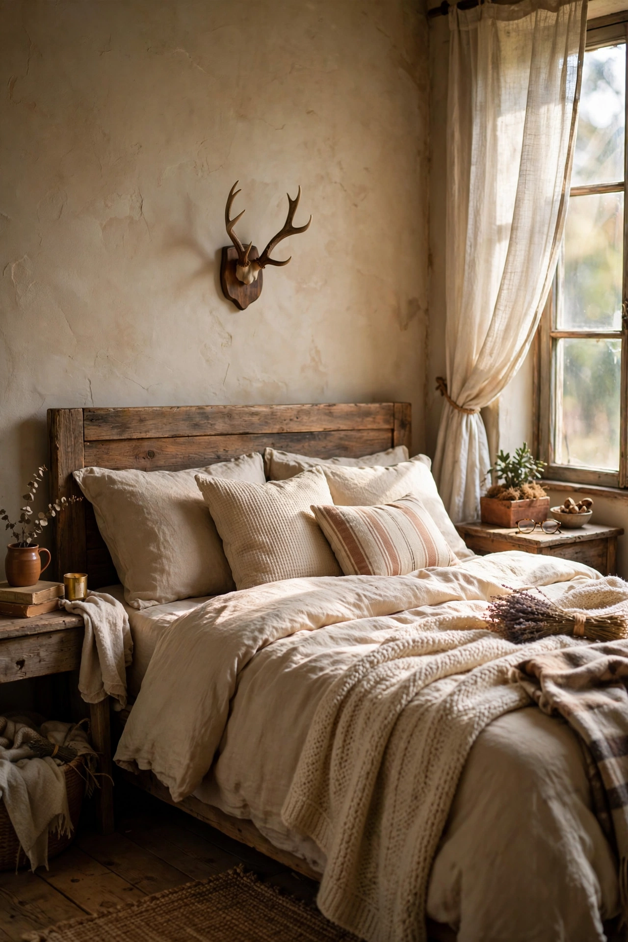 Small faux antler mount centered above the bed