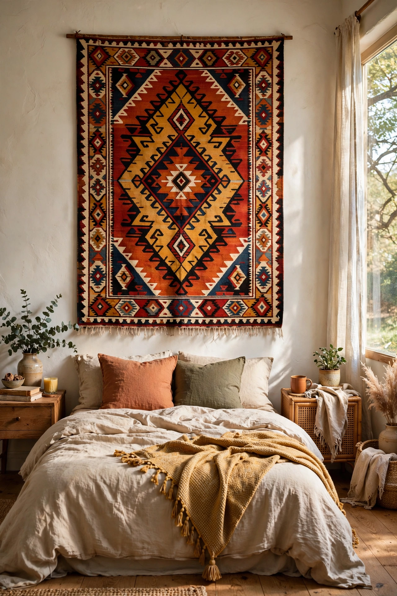 Kilim-style flatweave rug hung as wall art above the bed