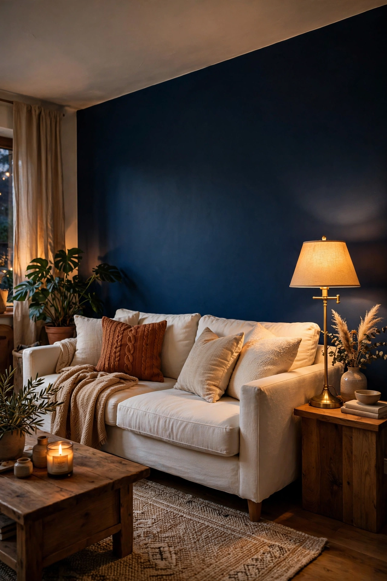 Navy blue living room decor with one painted navy accent wall behind a cream sofa
