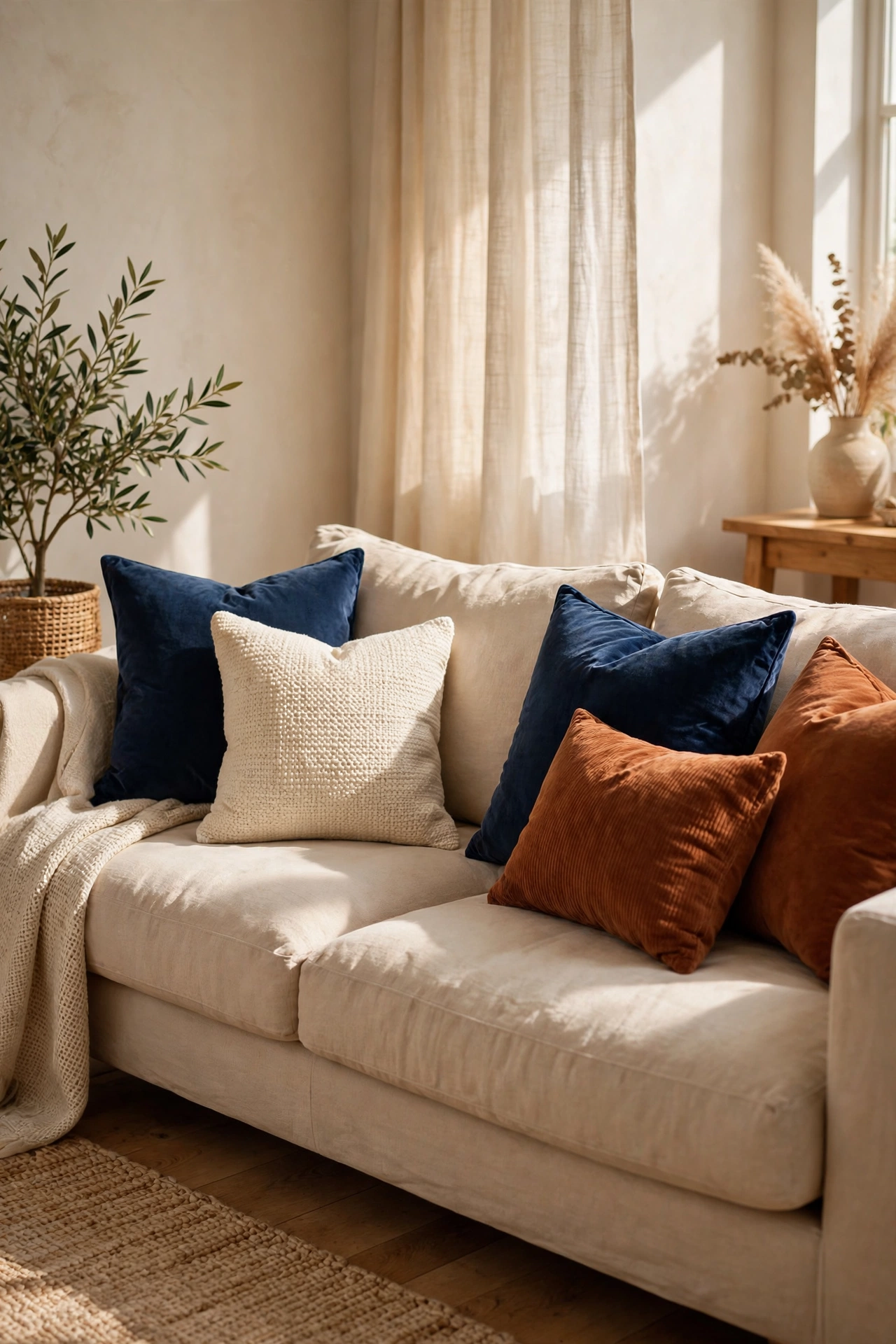 Neutral sofa with navy blue velvet throw pillows in a cozy living room