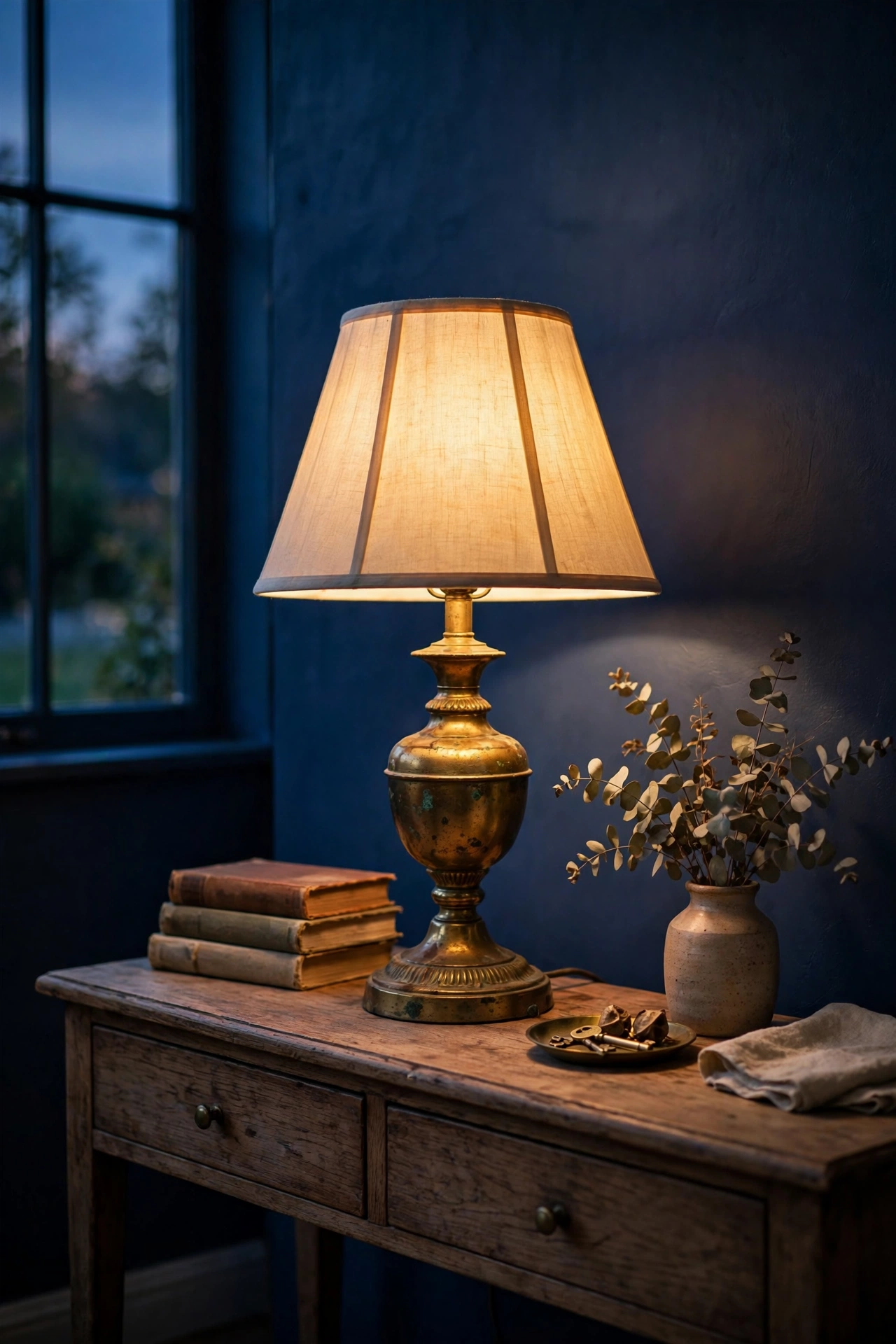 Brass table lamp glowing against a navy blue living room wall