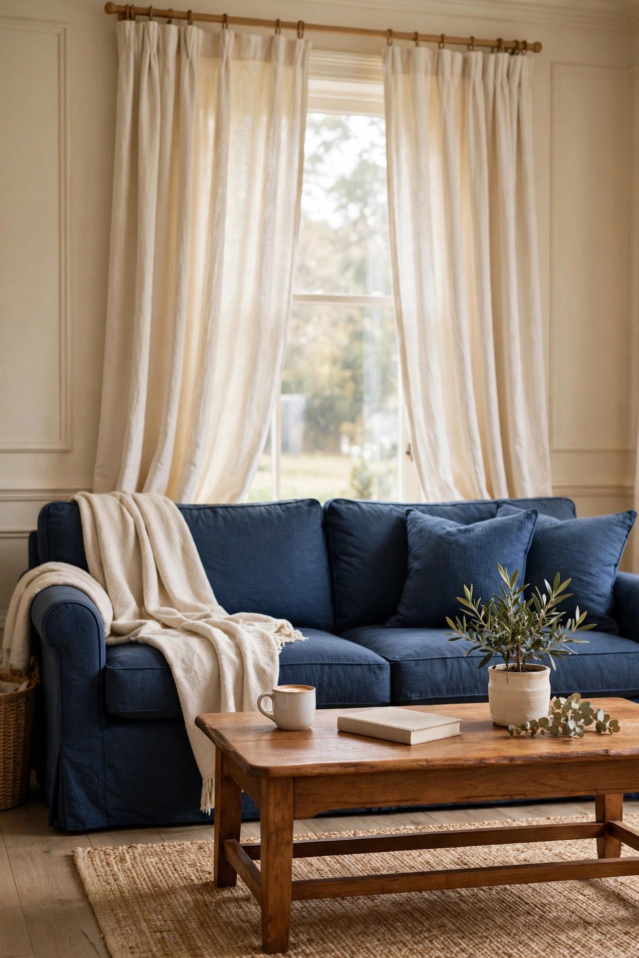 Navy blue and cream living room decor with cream throw and curtains