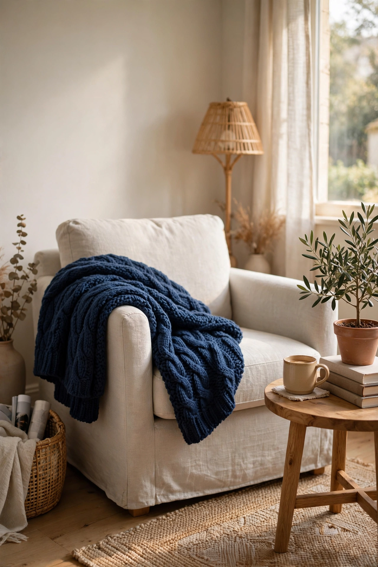 Chunky navy blue knit throw blanket draped over a light armchair