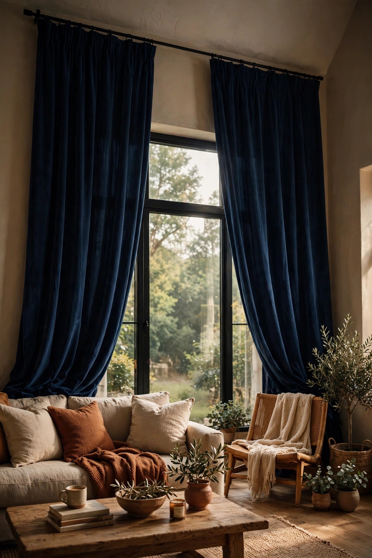 Navy blue curtain panels hung high framing a living room window