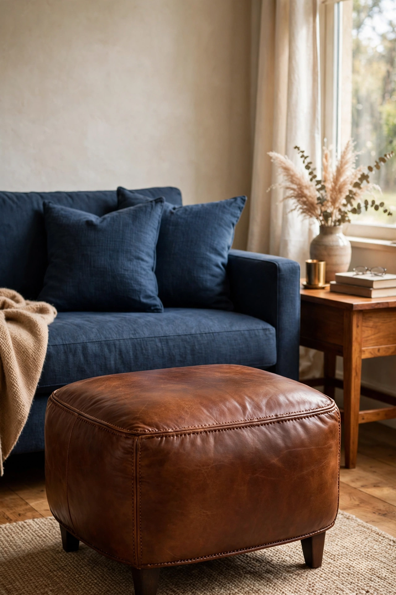 Cognac leather ottoman in front of a navy blue sofa in a living room