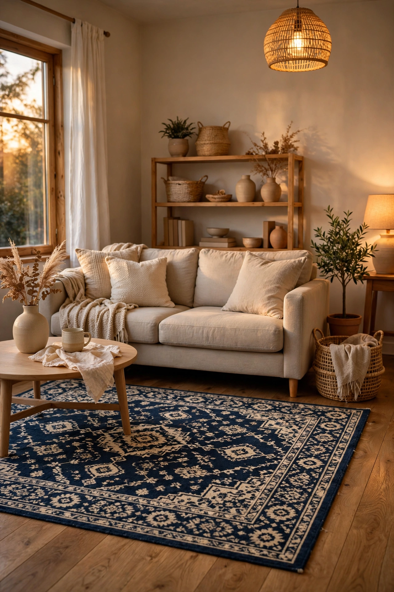 Navy blue patterned area rug anchoring a neutral living room