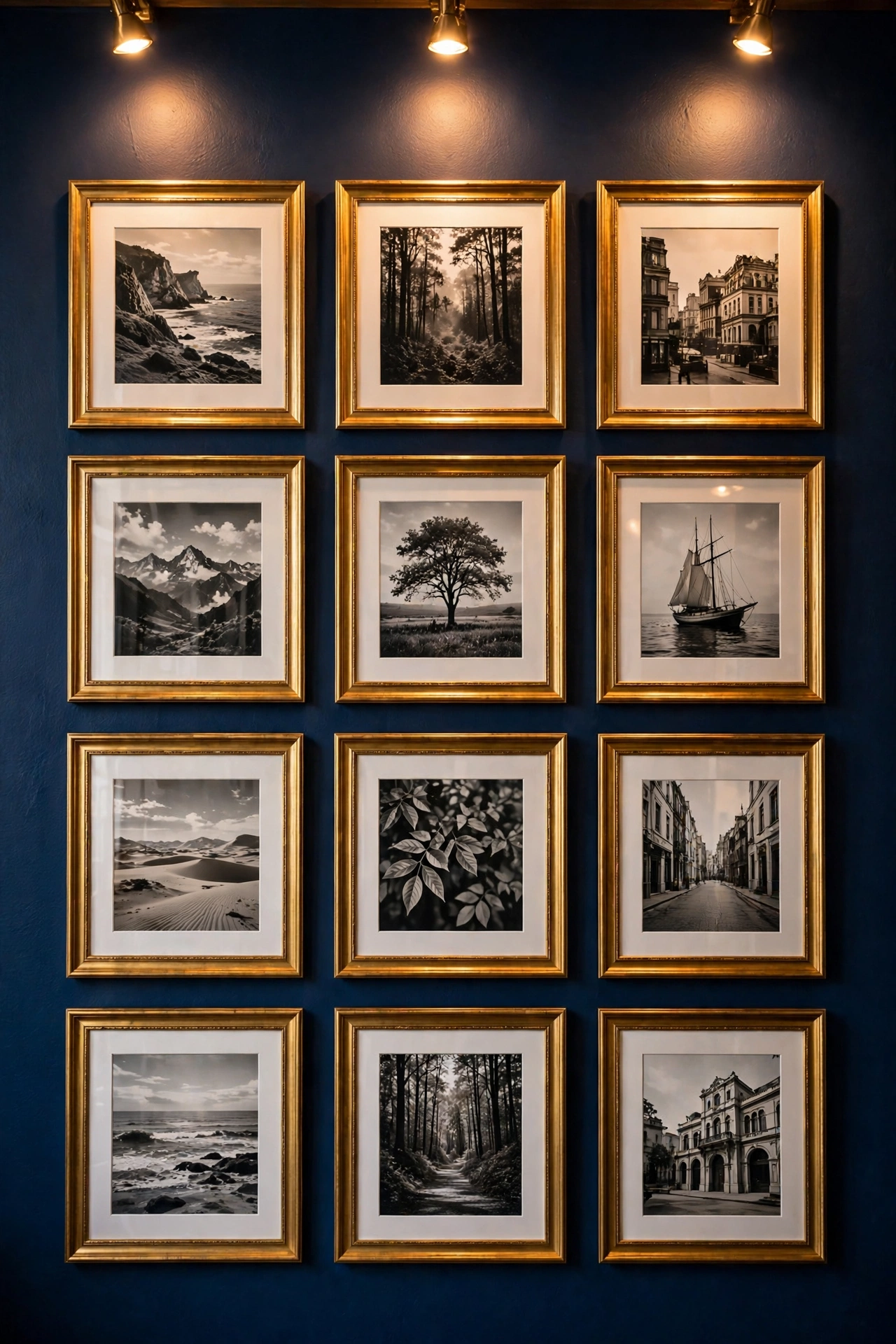 Gold framed art prints hung in a grid on a navy blue living room wall
