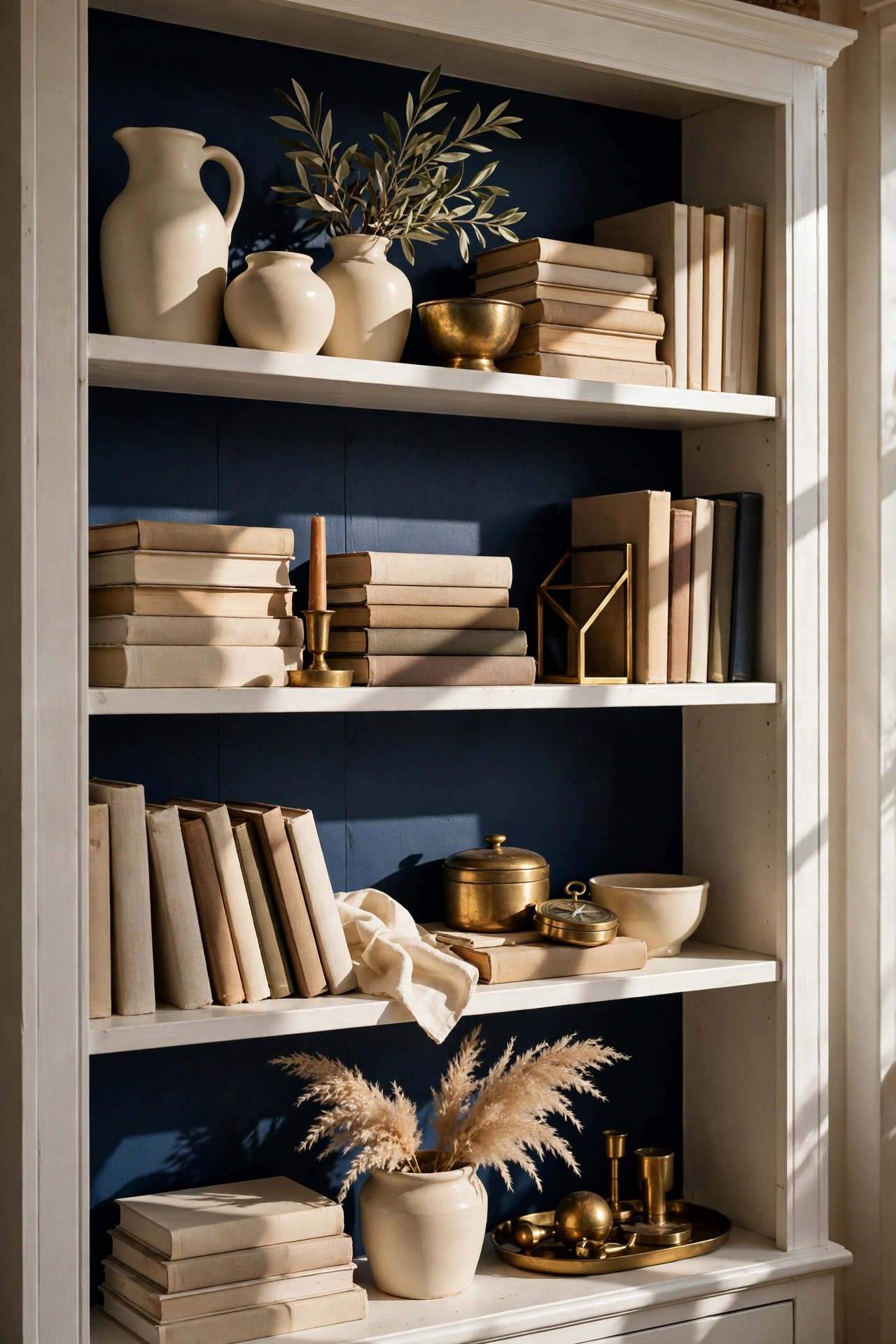 White bookcase with navy blue painted back panels styled with books