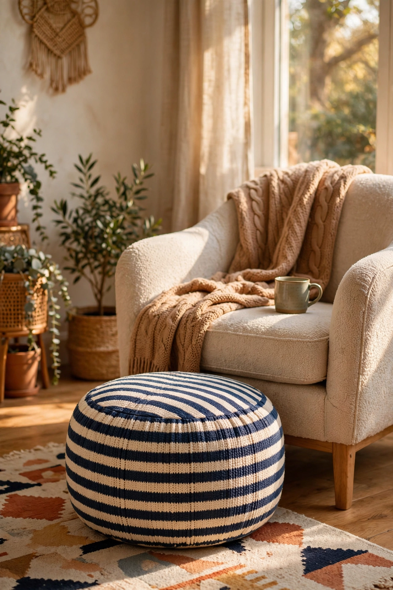 Striped navy and cream pouf beside an armchair in a living room