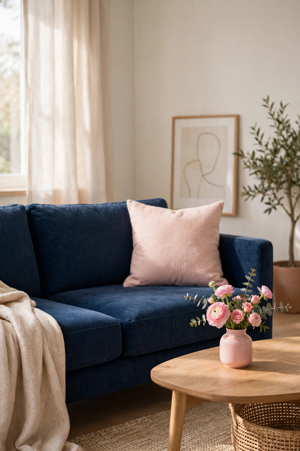 Navy blue living room softened with a blush pink throw pillow