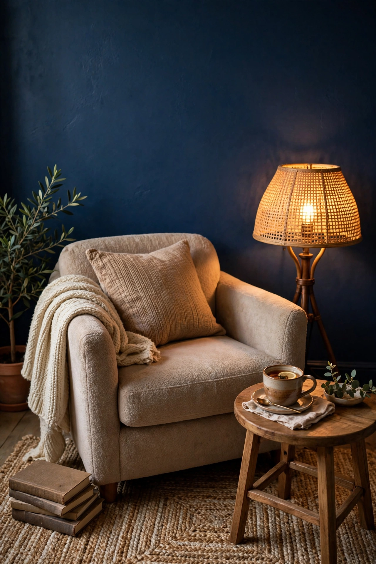 Moody navy blue reading corner with armchair and warm floor lamp