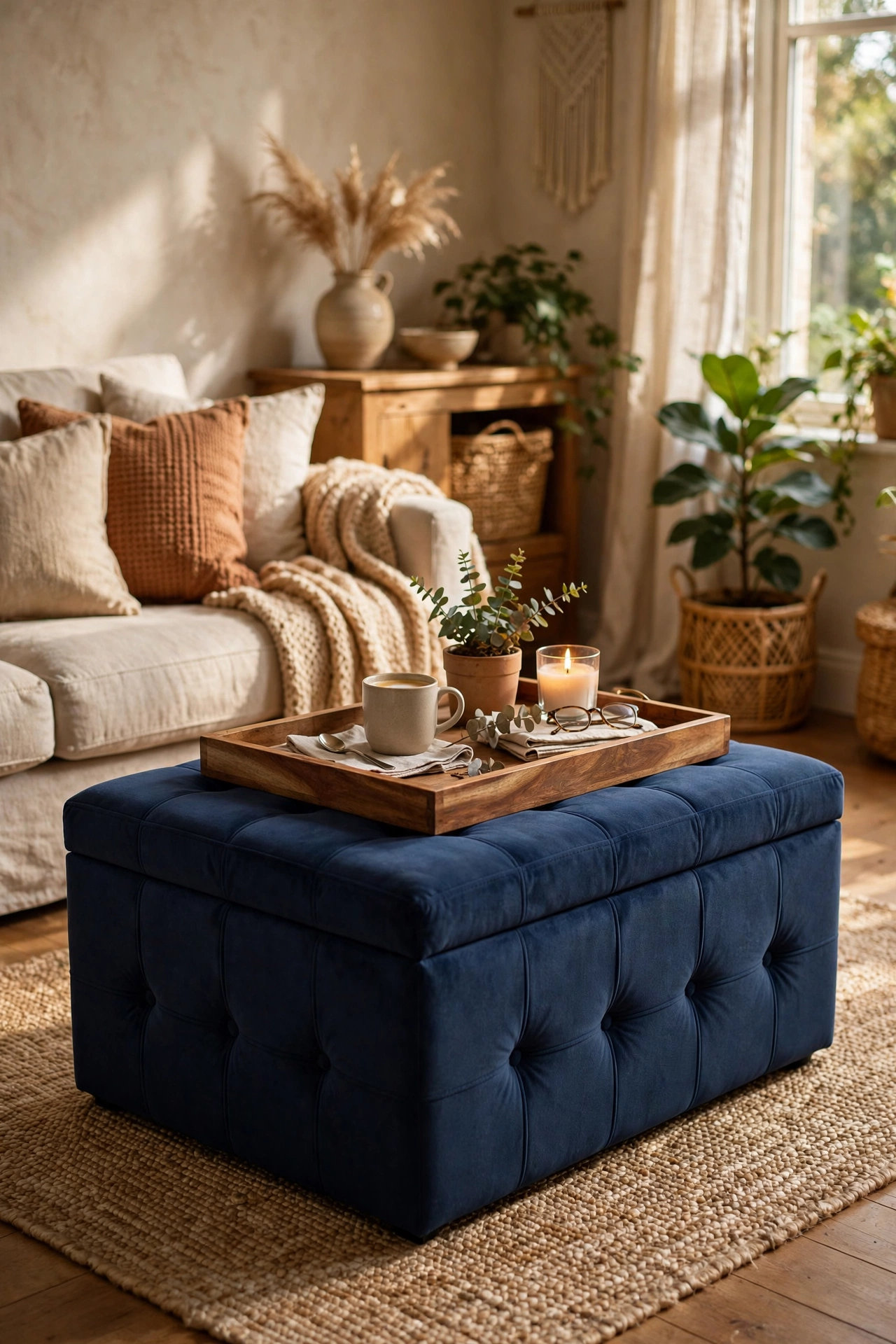 Navy blue storage ottoman as coffee table in a living room