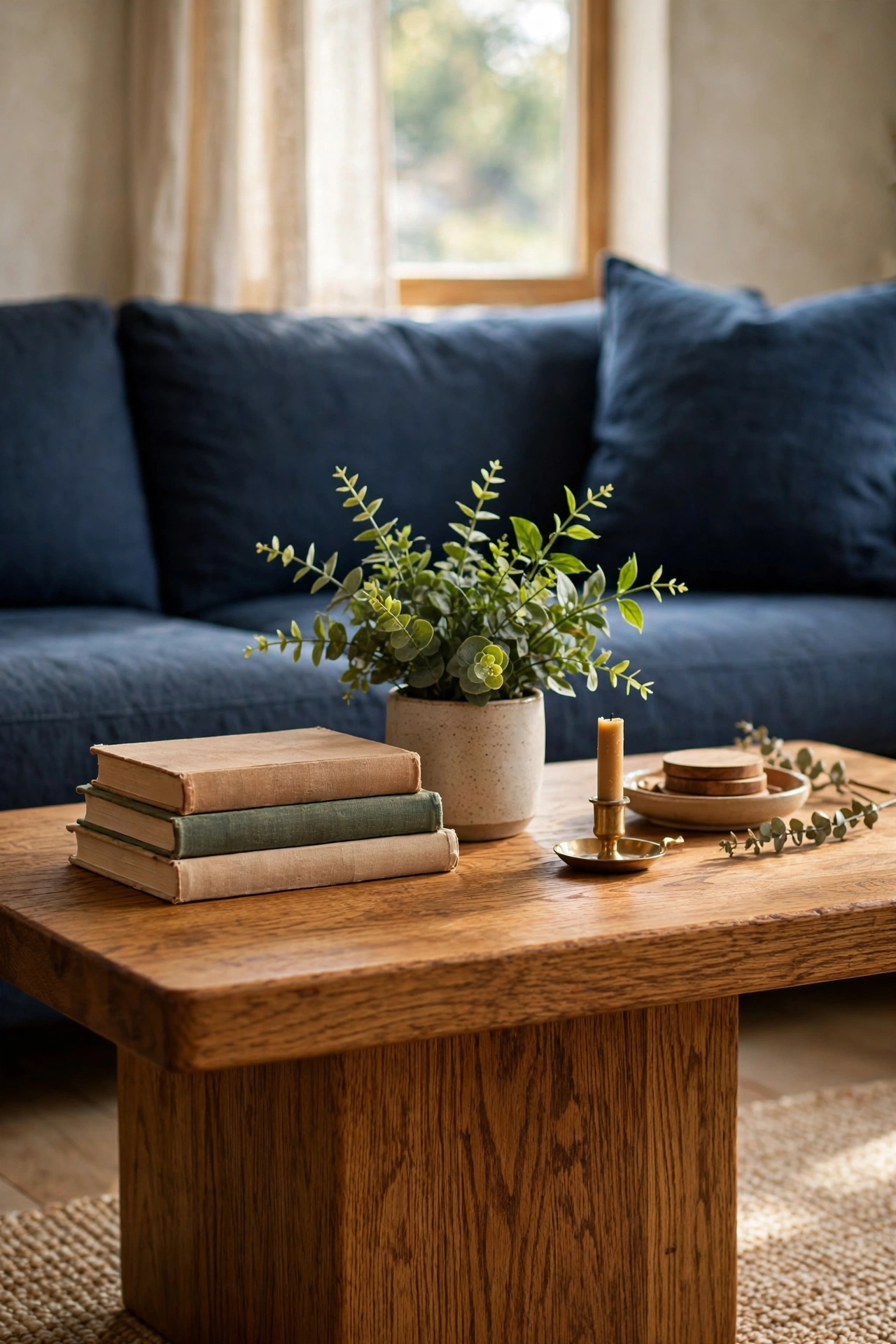Warm oak wood coffee table against navy blue living room decor