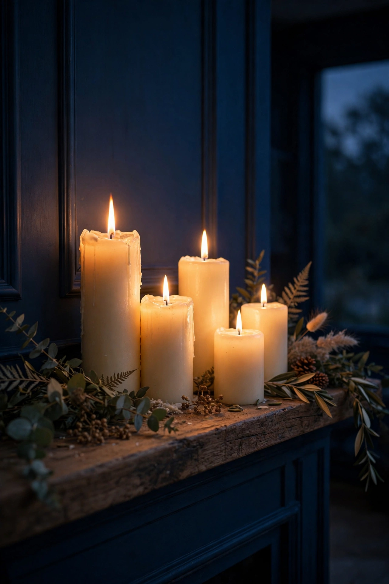 Cream pillar candles glowing on a mantel against navy blue walls at dusk