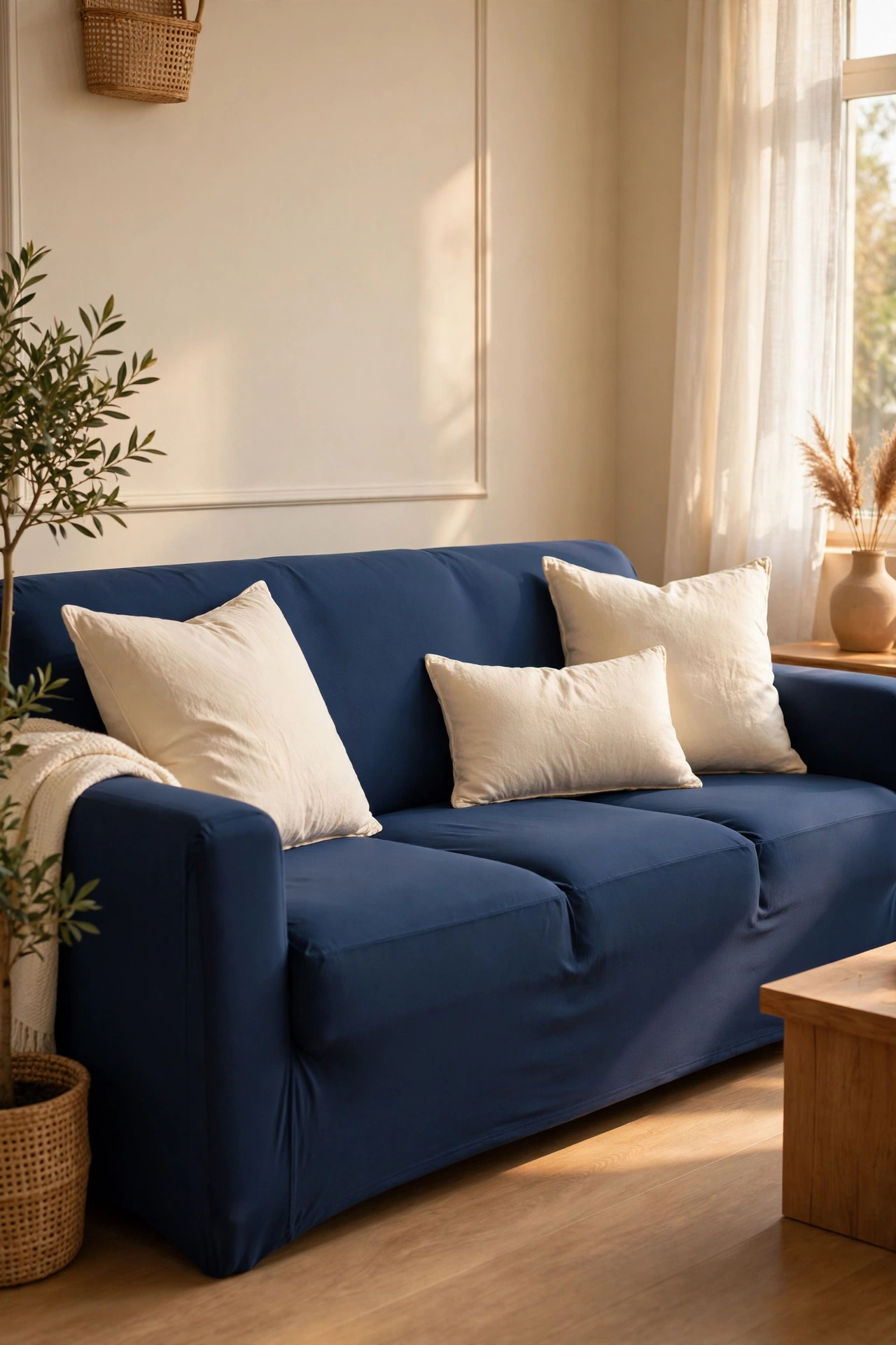Beige couch fitted with a navy blue stretch slipcover in a living room