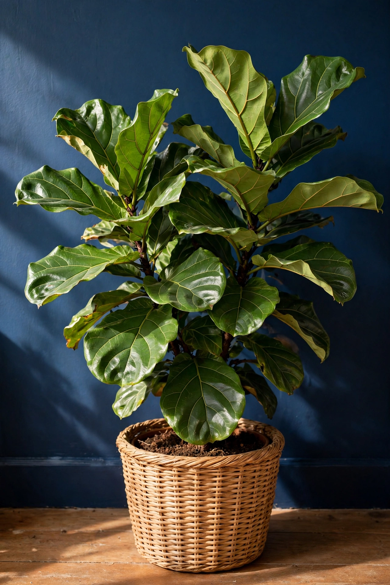 Green fiddle leaf fig plant popping against a navy blue living room wall